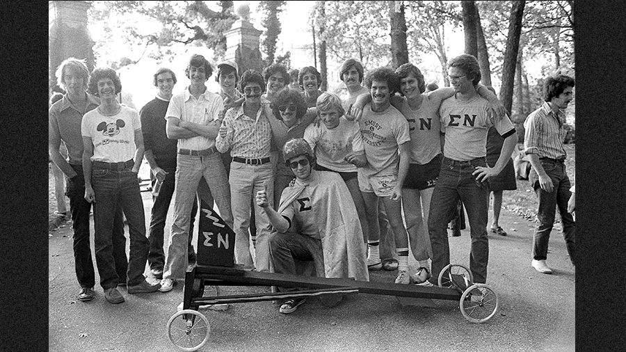A group of fraternity brothers in jerseys.