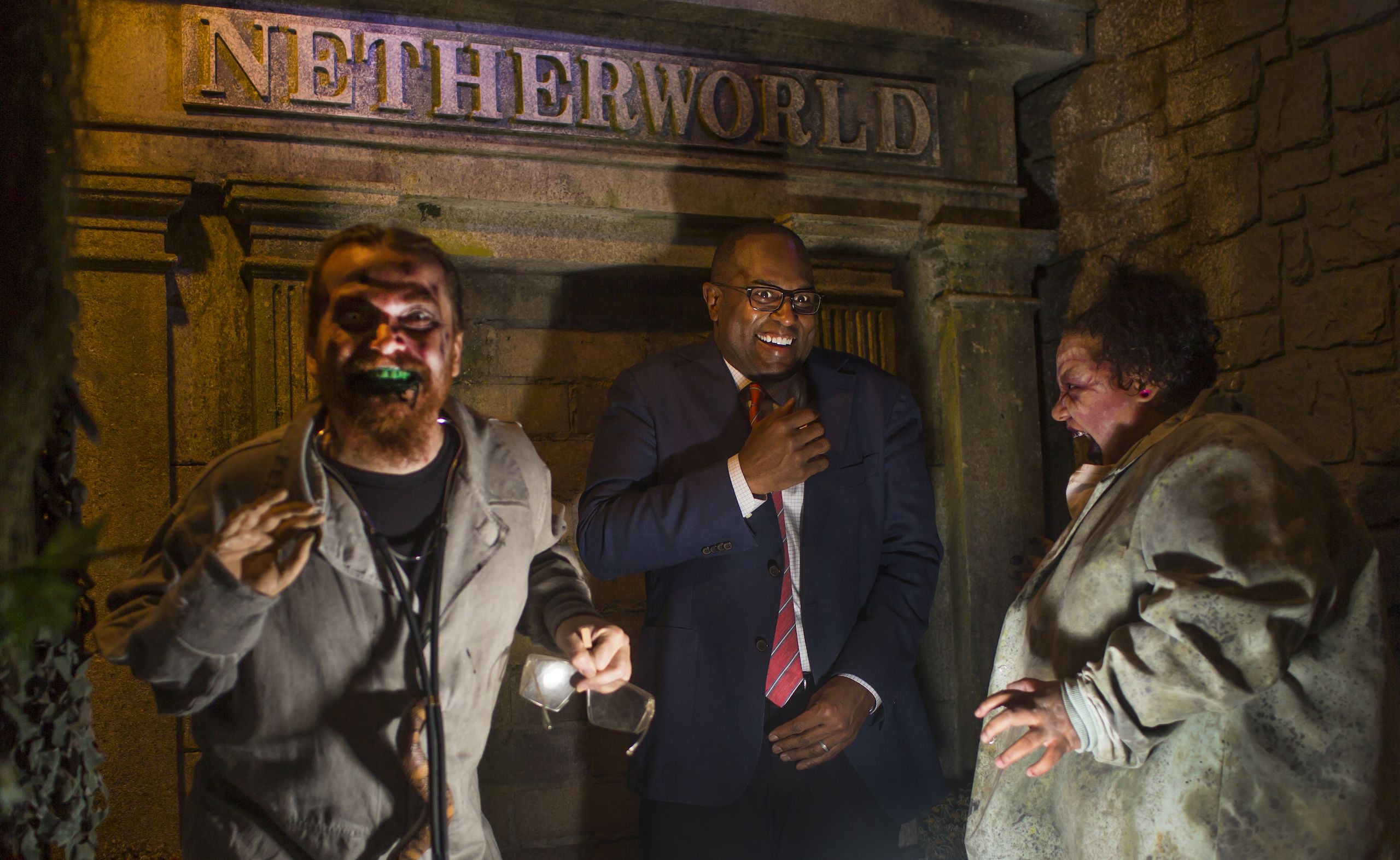 Ken Carter with a Halloween zombie.