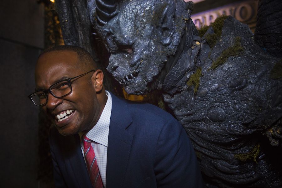 Ken Carter with a Halloween monster.