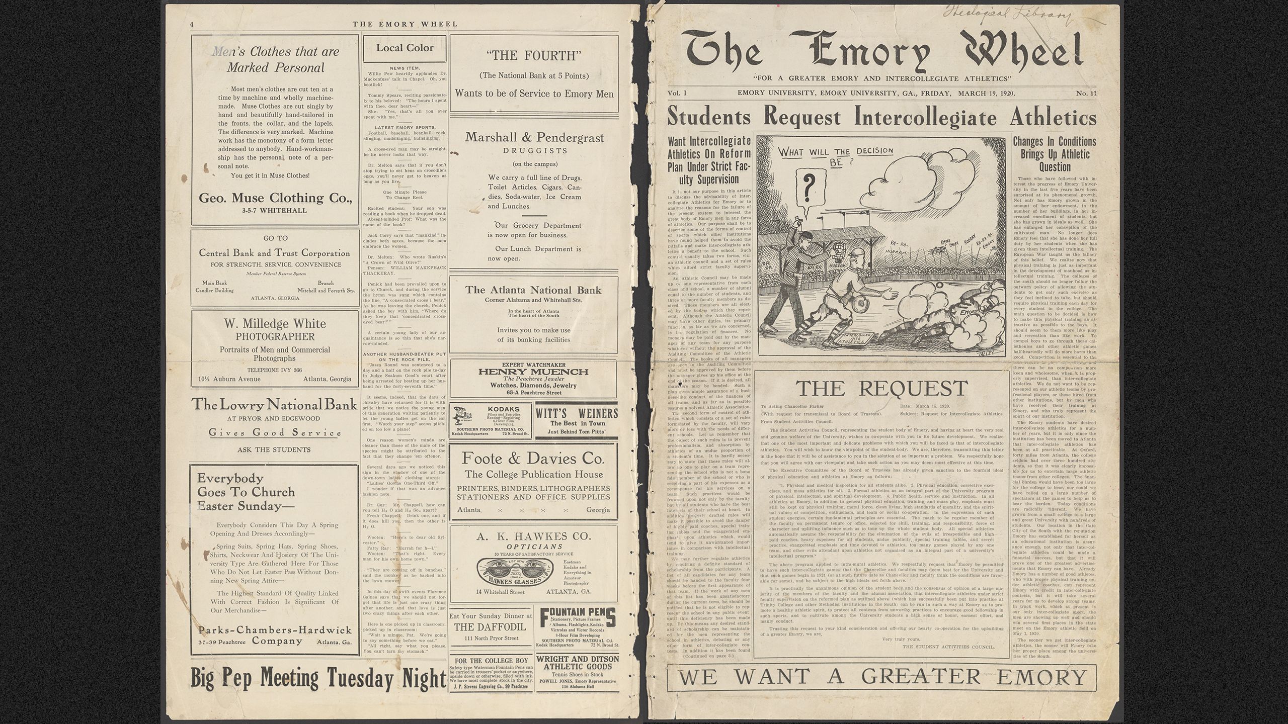 two pages from The Emory Wheel March 1920