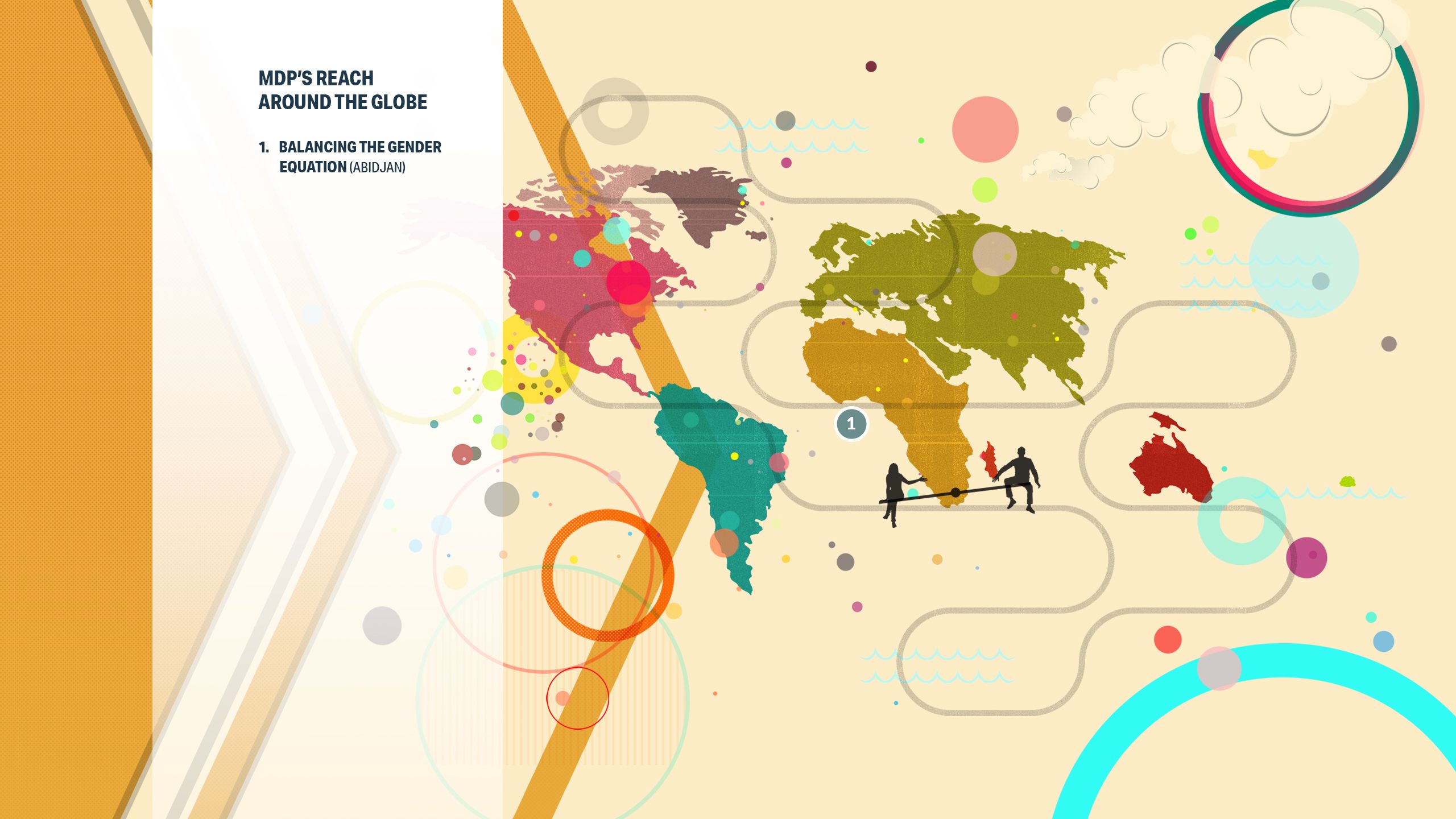 Infographic map of the world with master's of development practice global reach. 