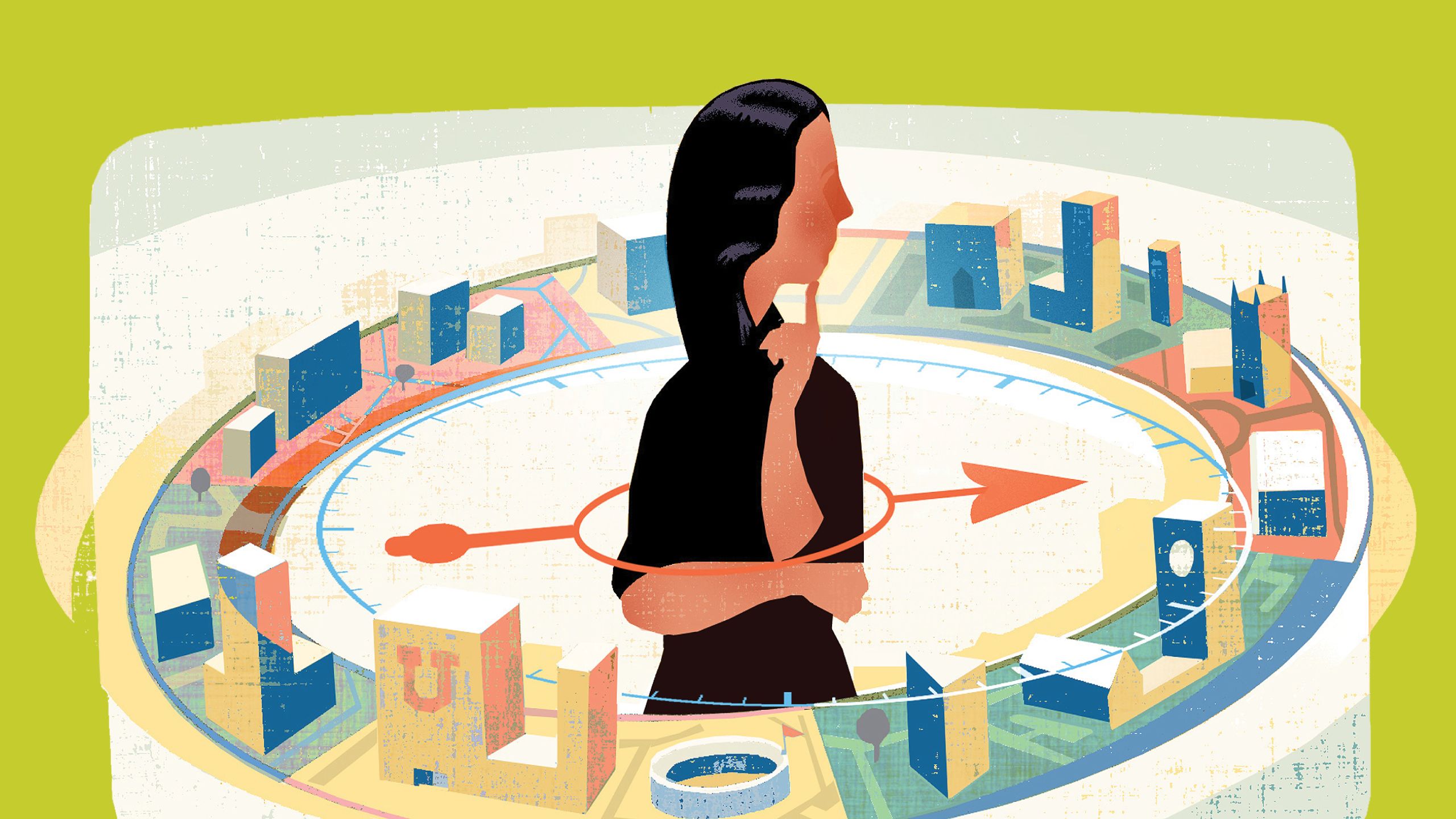 illustration of a women standing in the middle of a compass thinking about which degree she should do.