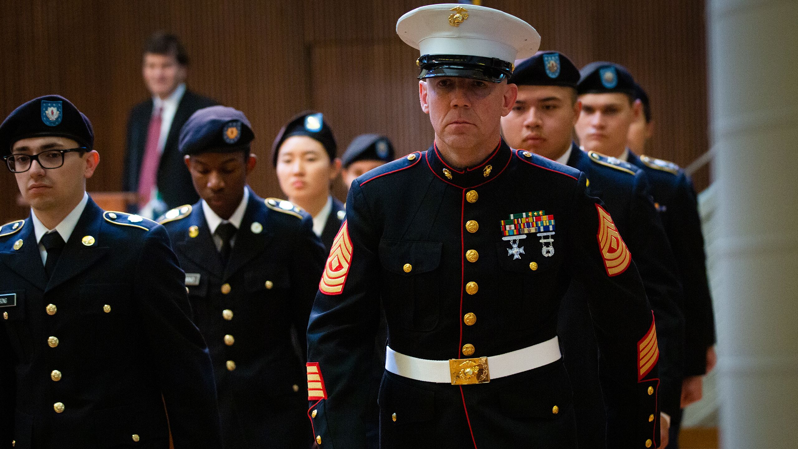 Emory ROTC members march into Cannon Chapel
