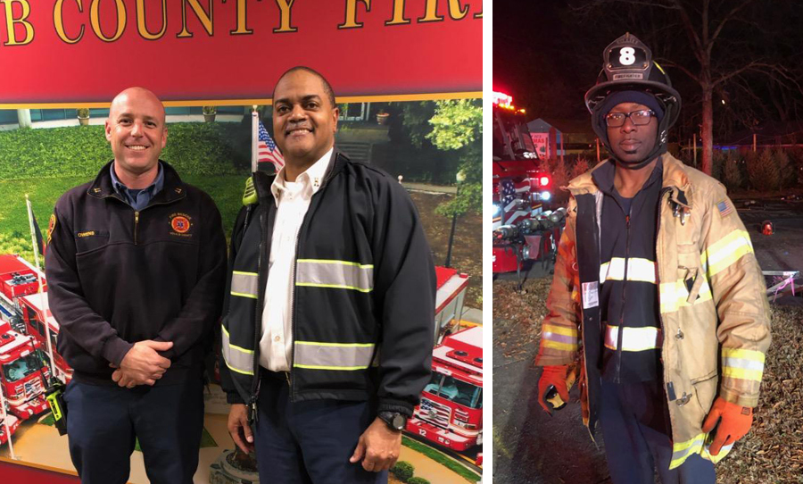 DeKalb Fire Rescue first responders Travis Owens, Captain Jeff Daniels, and Michael Gales are shown, left to right. They were wrapping up a nearby call when they noticed rising columns of black smoke.