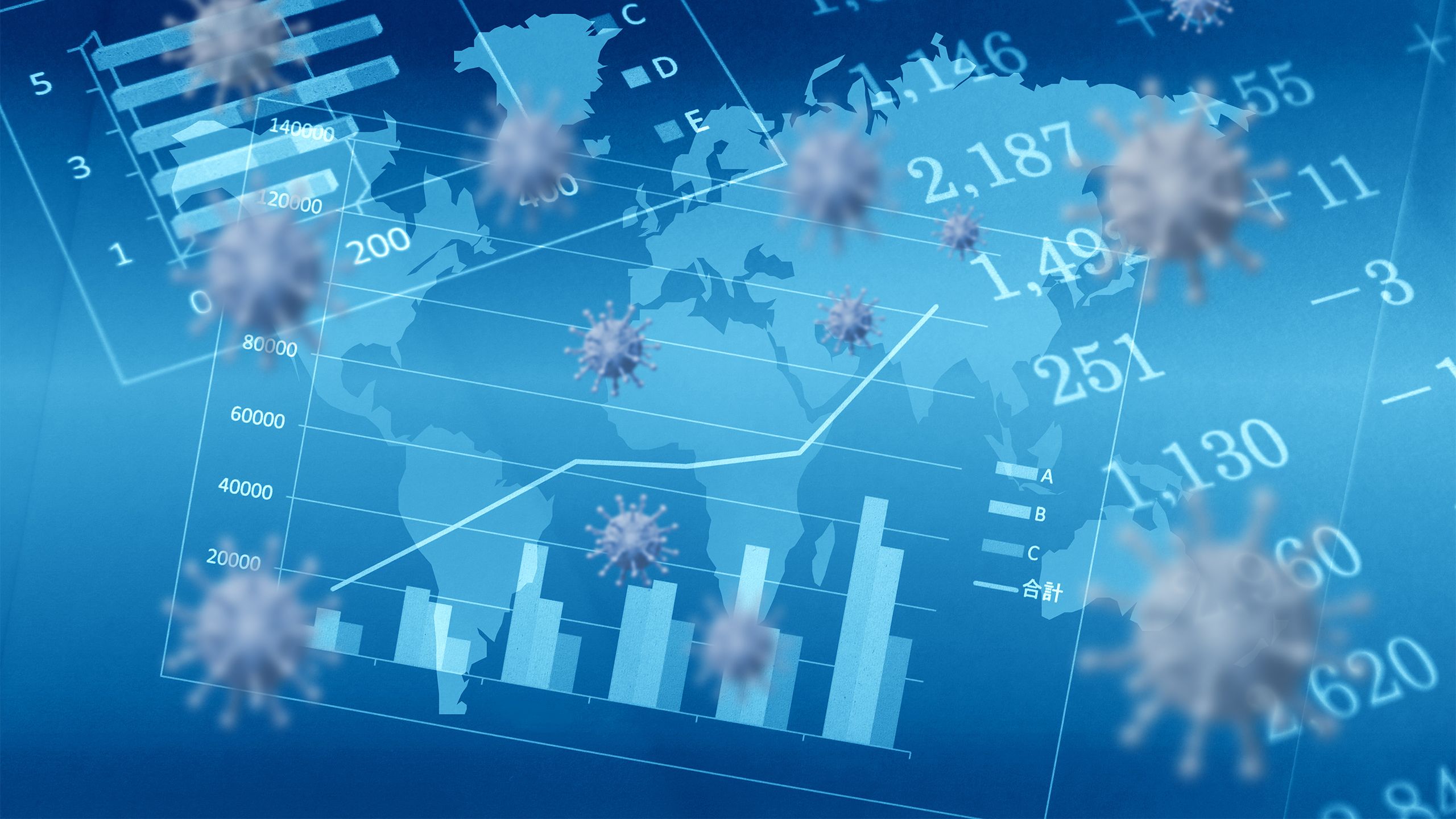 An illustration shows a world map, graphs, numbers and the virus that causes COVID-19