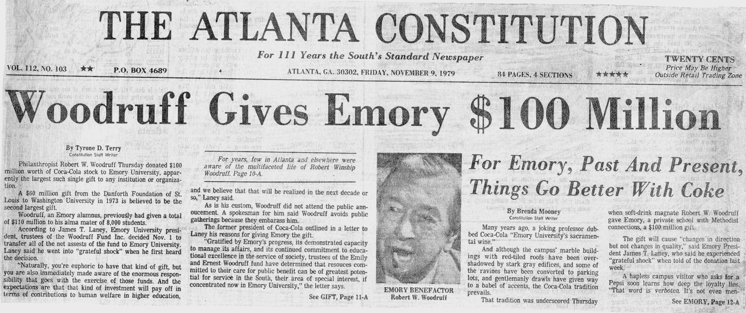 The Atlanta Constitution's November 9, 1979 cover page with Woodruff's $100 million gift as headline
