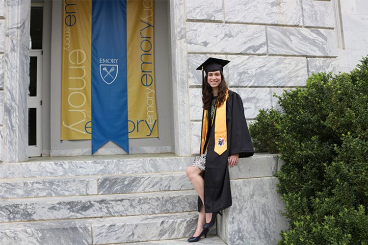 Katelyn Boisvert, Boisfeuillet Jones awardee for Emory College of Arts and Sciences, on the steps of an Emory building