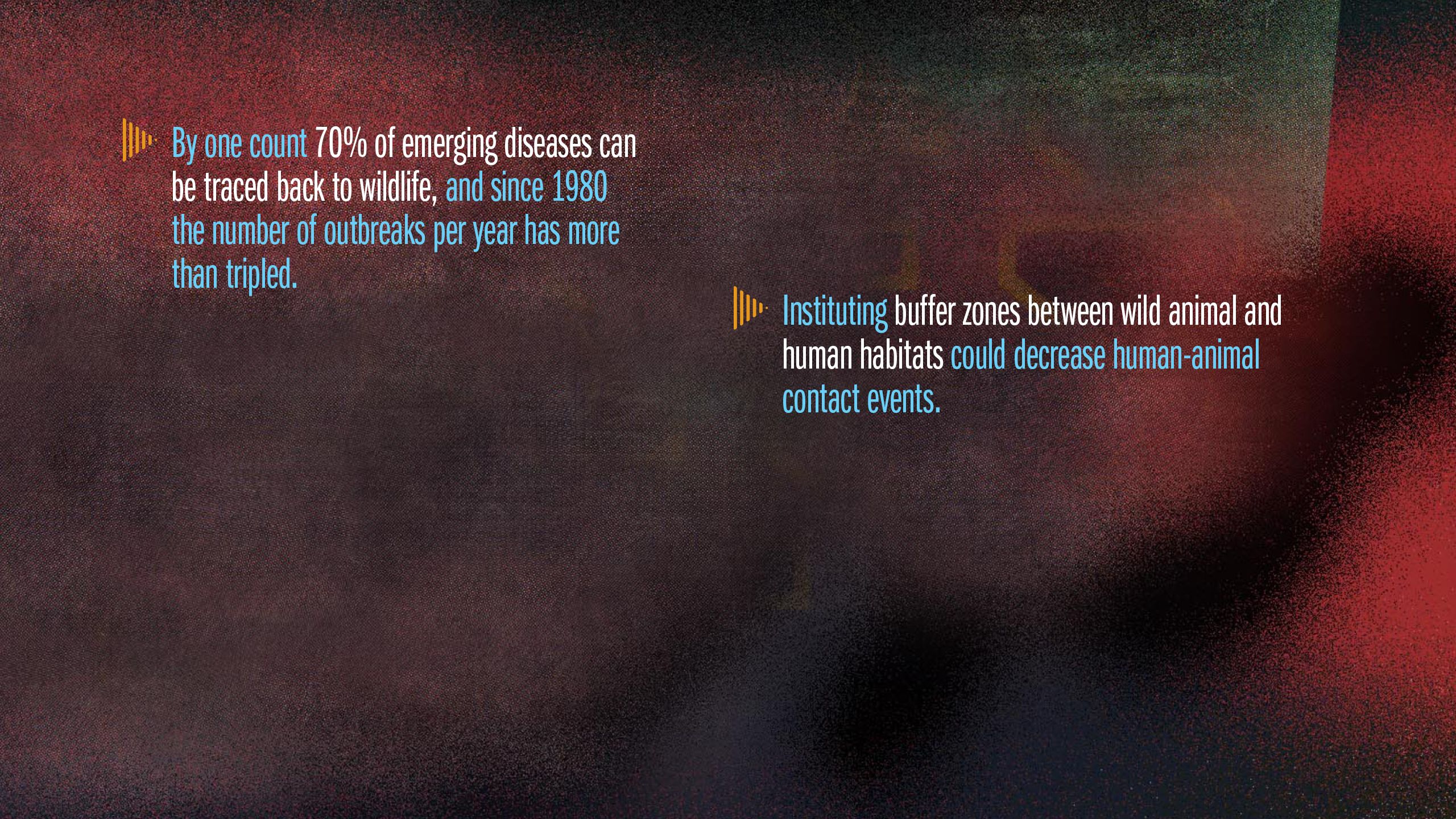 Instituting buffer zones between wild animal and human habitats could decrease human-animal contact events.