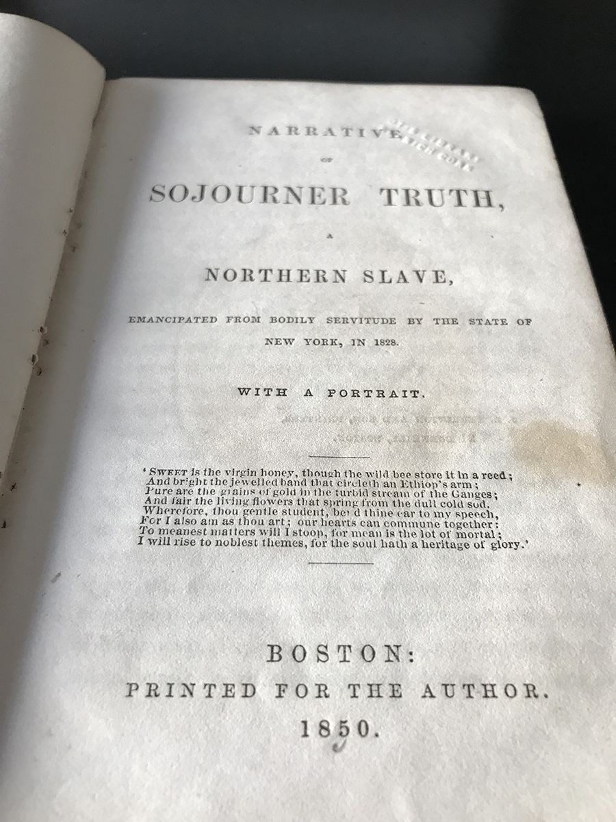 Photo of McDaniels acquired an original copy of “The Narrative of Sojourner Truth,” an autobiography of the abolitionist and former slave published in 1850.