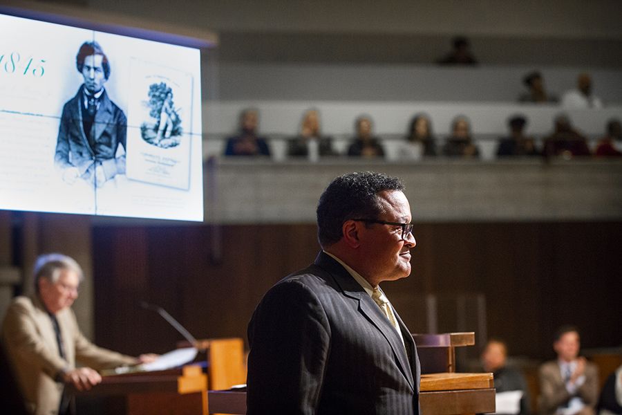 Photo of Kenneth Morris Jr. at the Frederick Douglass Bicentennial Tribute in 2018, a collaborative event with the Irish Consulate in Atlanta.