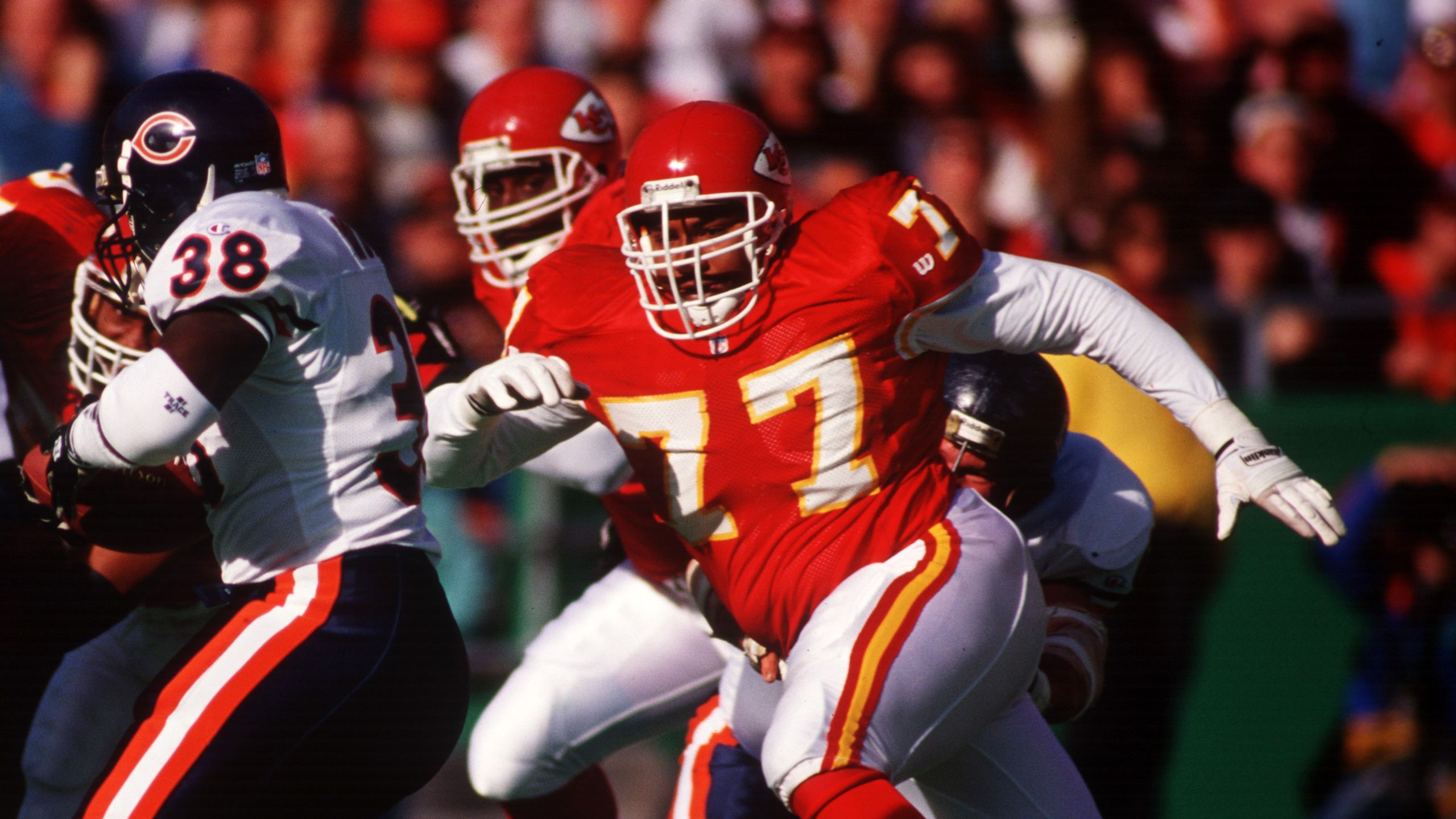 Large photo of Pellom McDaniels in a Kansas City Chiefs football game.