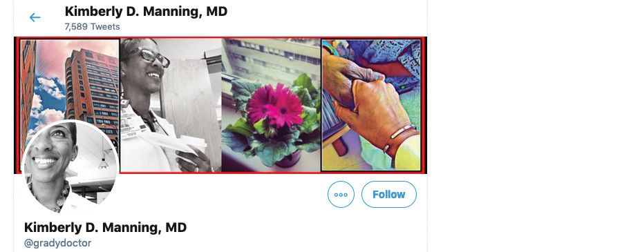The header for a Twitter feed with a photo of a female doctor, a flower, and hands touching.