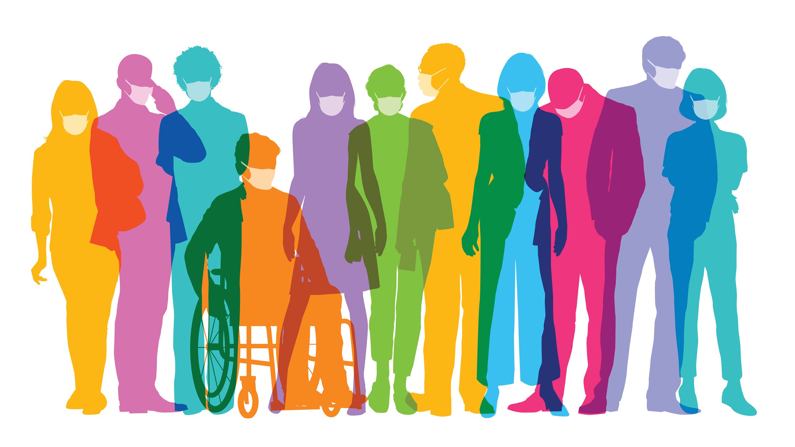 an illustration showing different human figures in different colors standing. This is to represent diversity of people.
