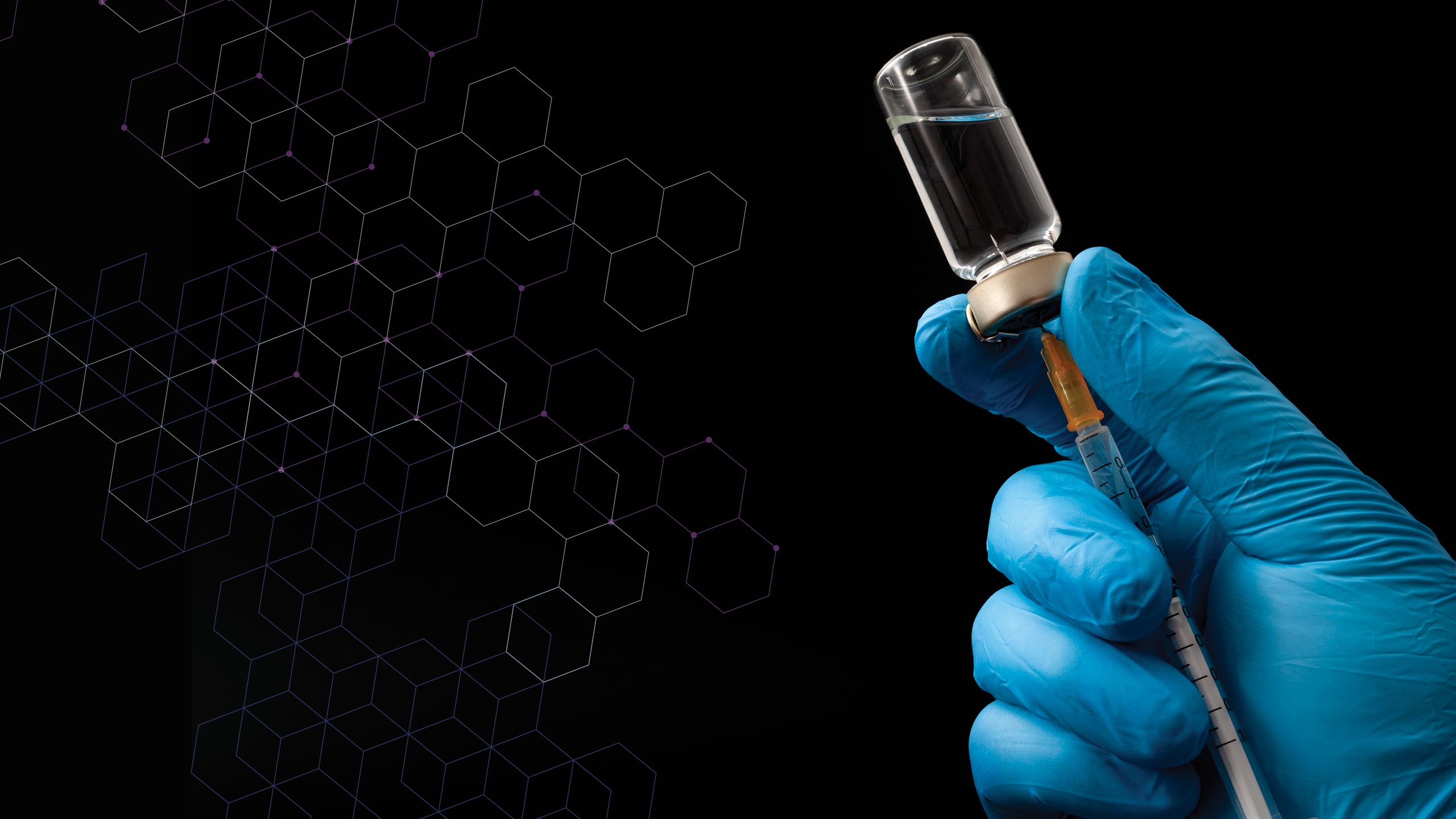 a photo illustration with a hexagon pattern on one side and on the other side is a hand holding a syringe and a vaccine.