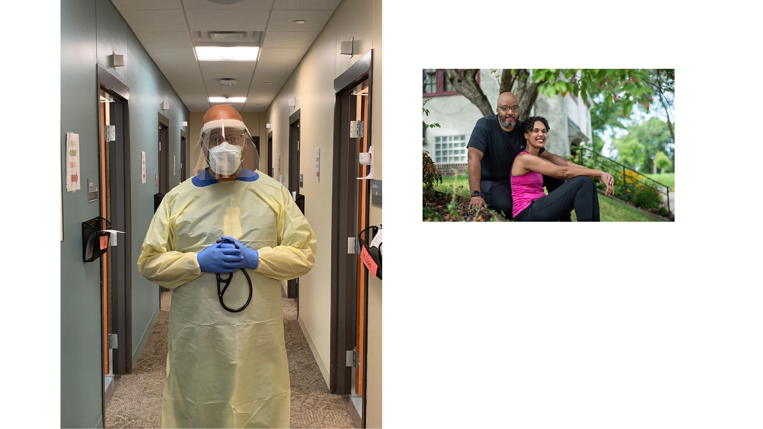 A husband and wife sit on the ground outside their home, and she leans back against him, in athletic clothes.