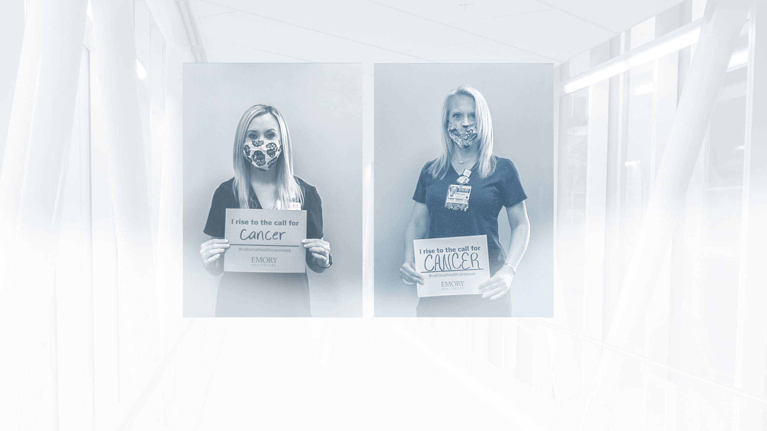 Winship nurses with signs "I rise to the call for Cancer." 