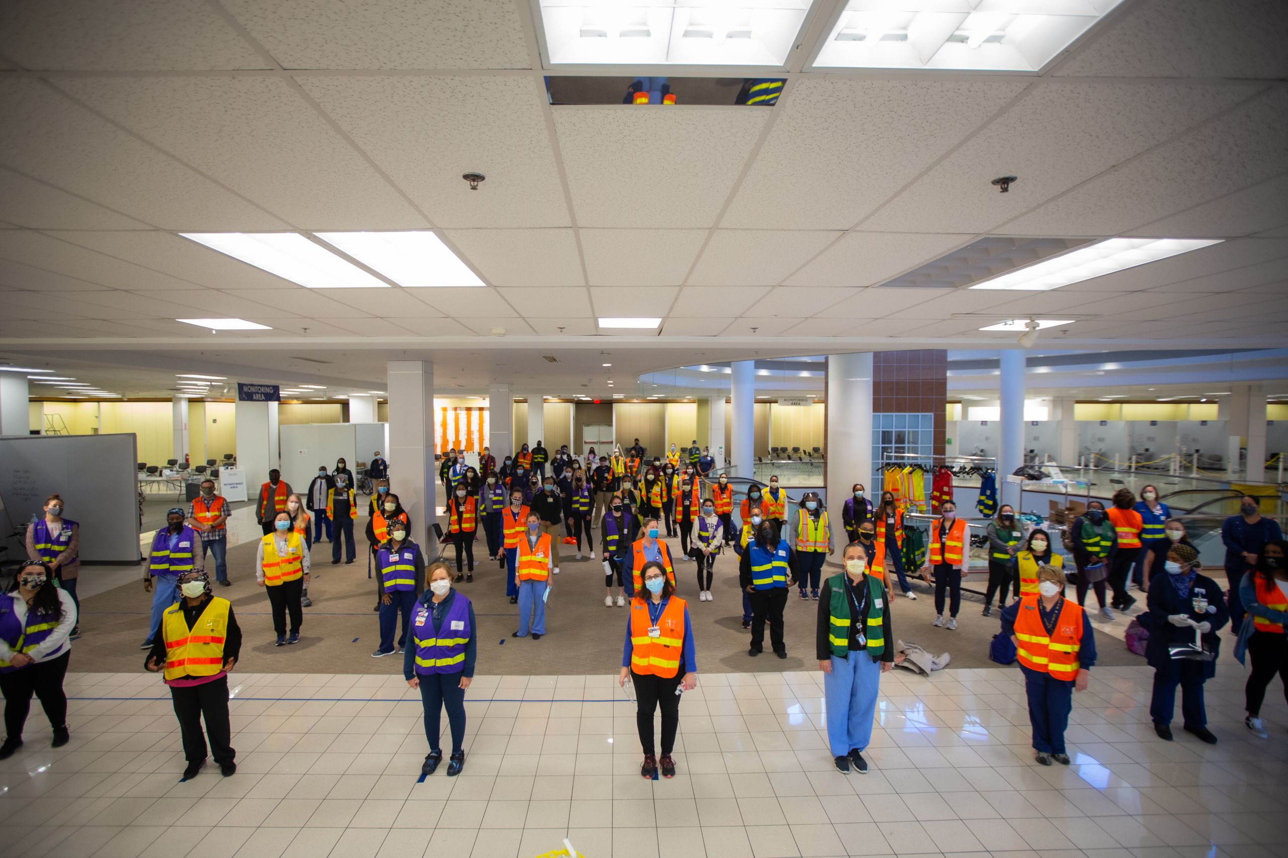 dozens of volunteers in vests and masks stand in rows