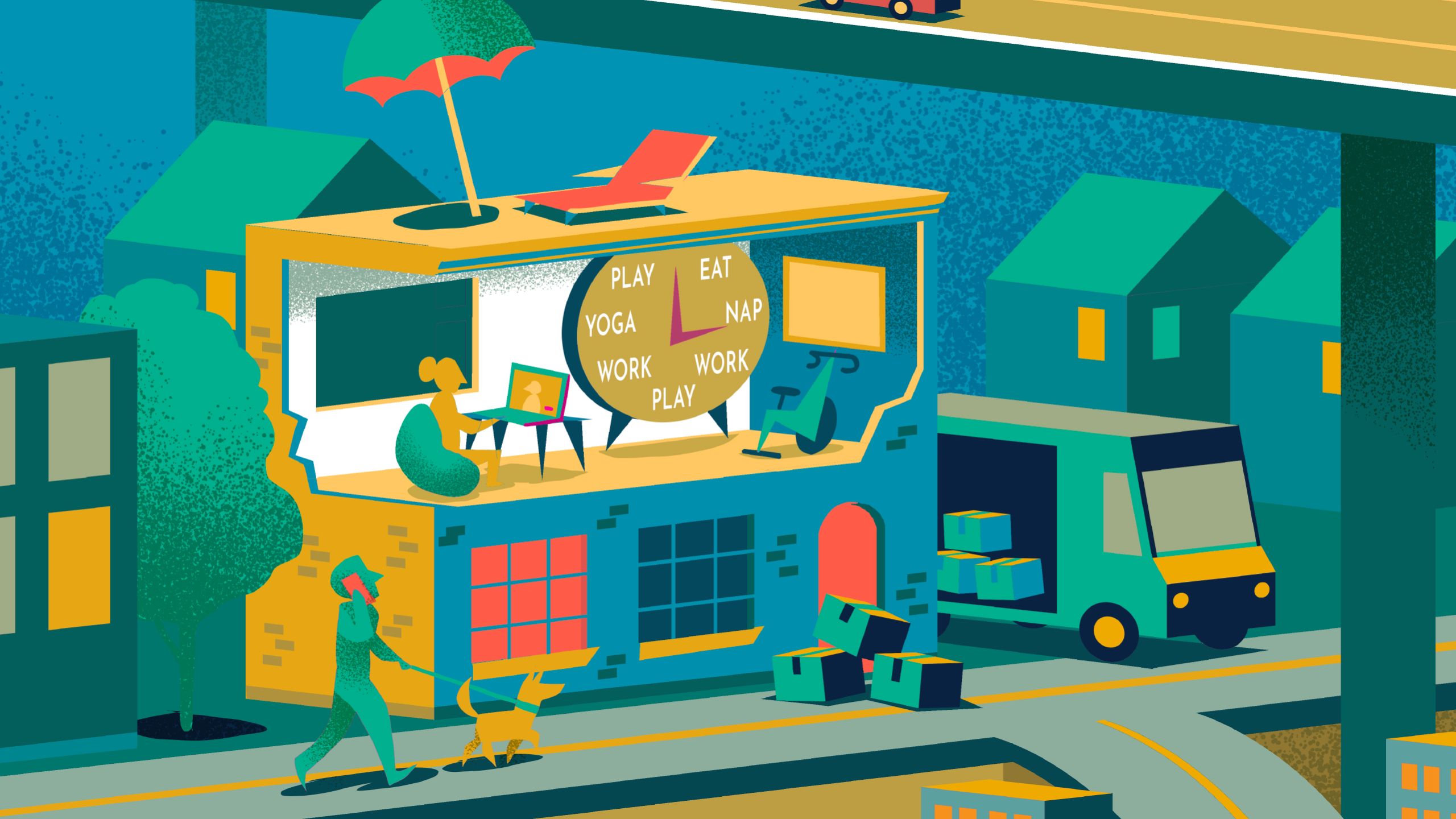 Illustration of apartment interior with person at computer, while outside a person walks dog and a delivery truck delivers packages to front door