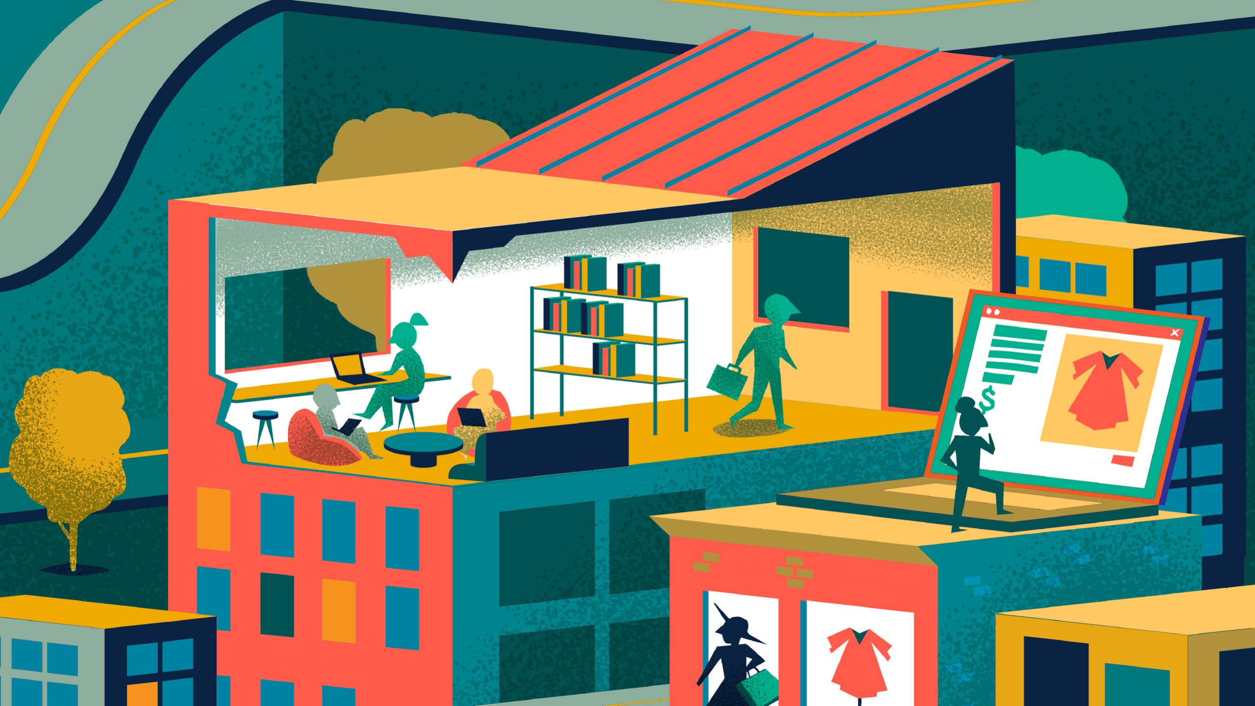 illustration of retail and other business changed by zoom meetings and online retail