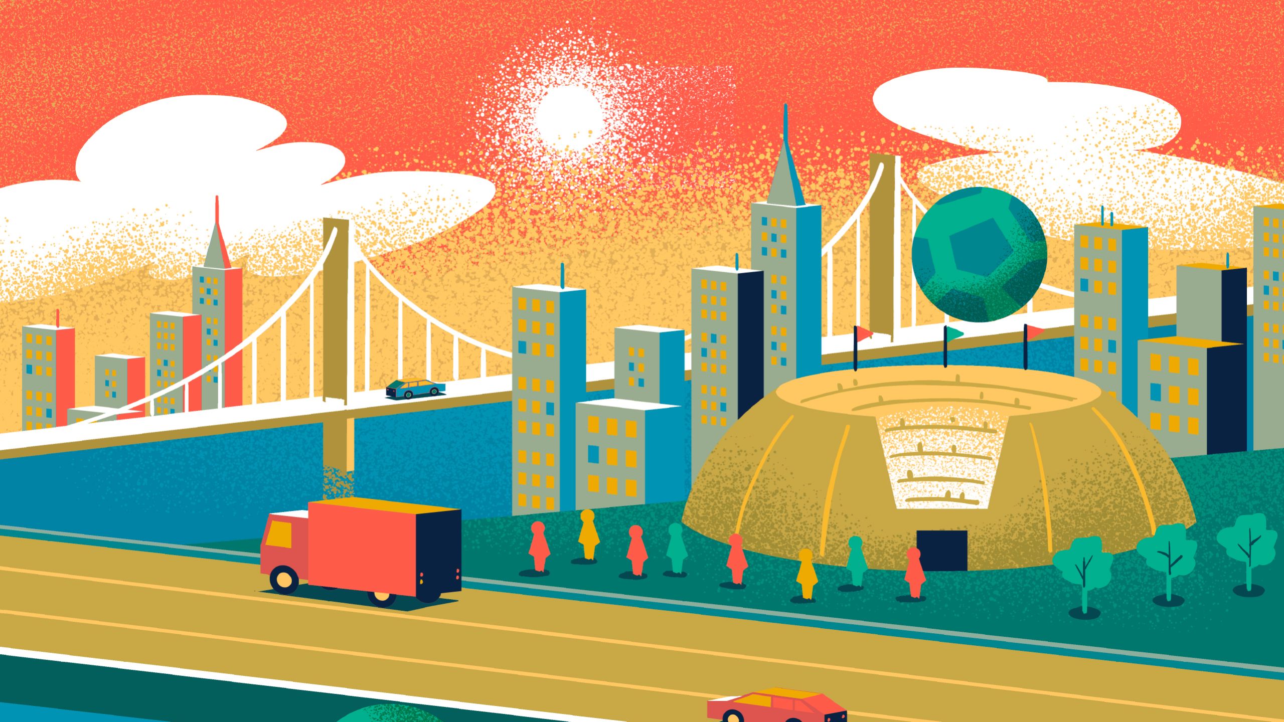 Illustration of cityscape with sports arena and highway in foreground