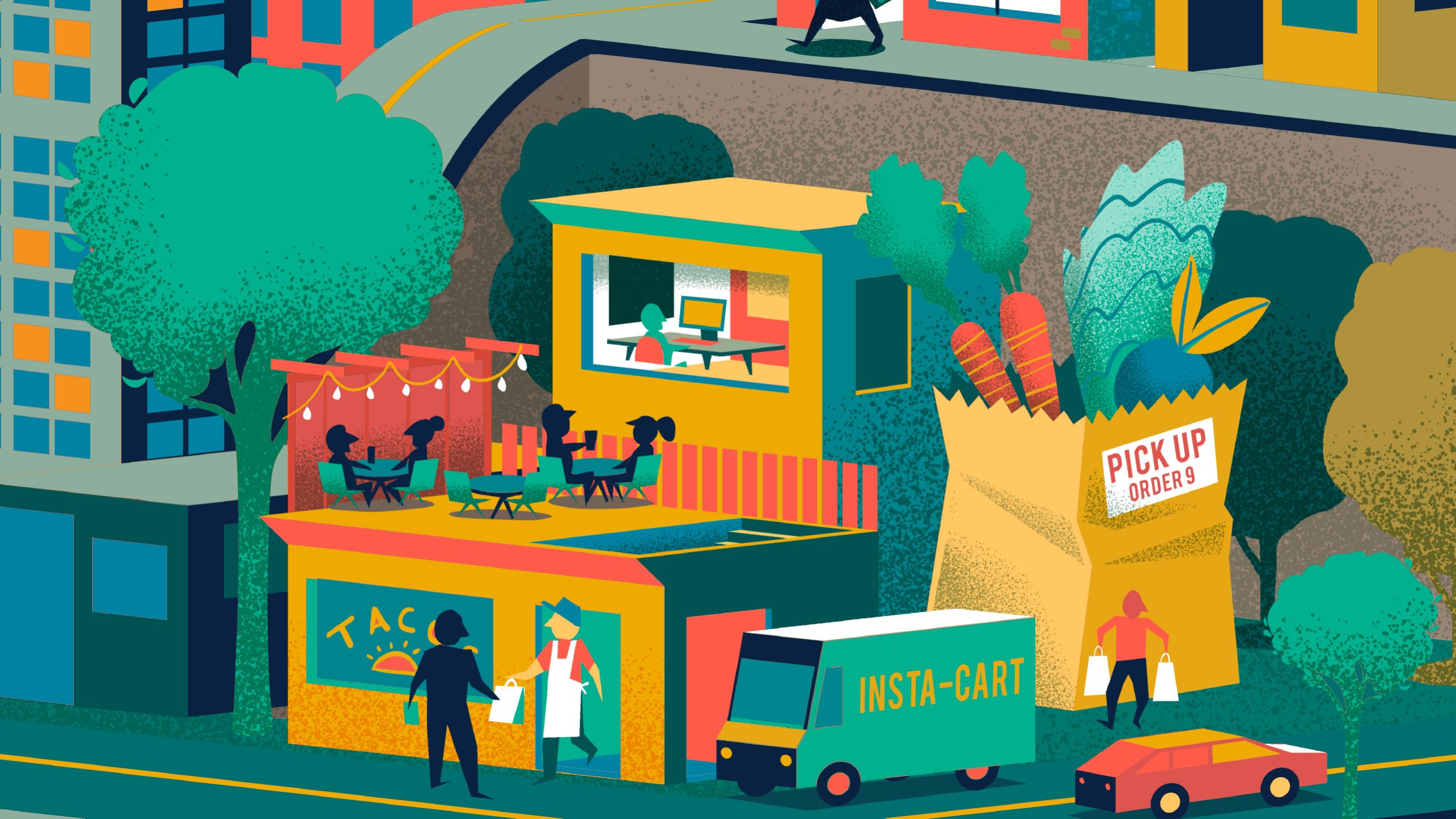 illustration continues to outdoor restaurant space and pick-up grocery orders