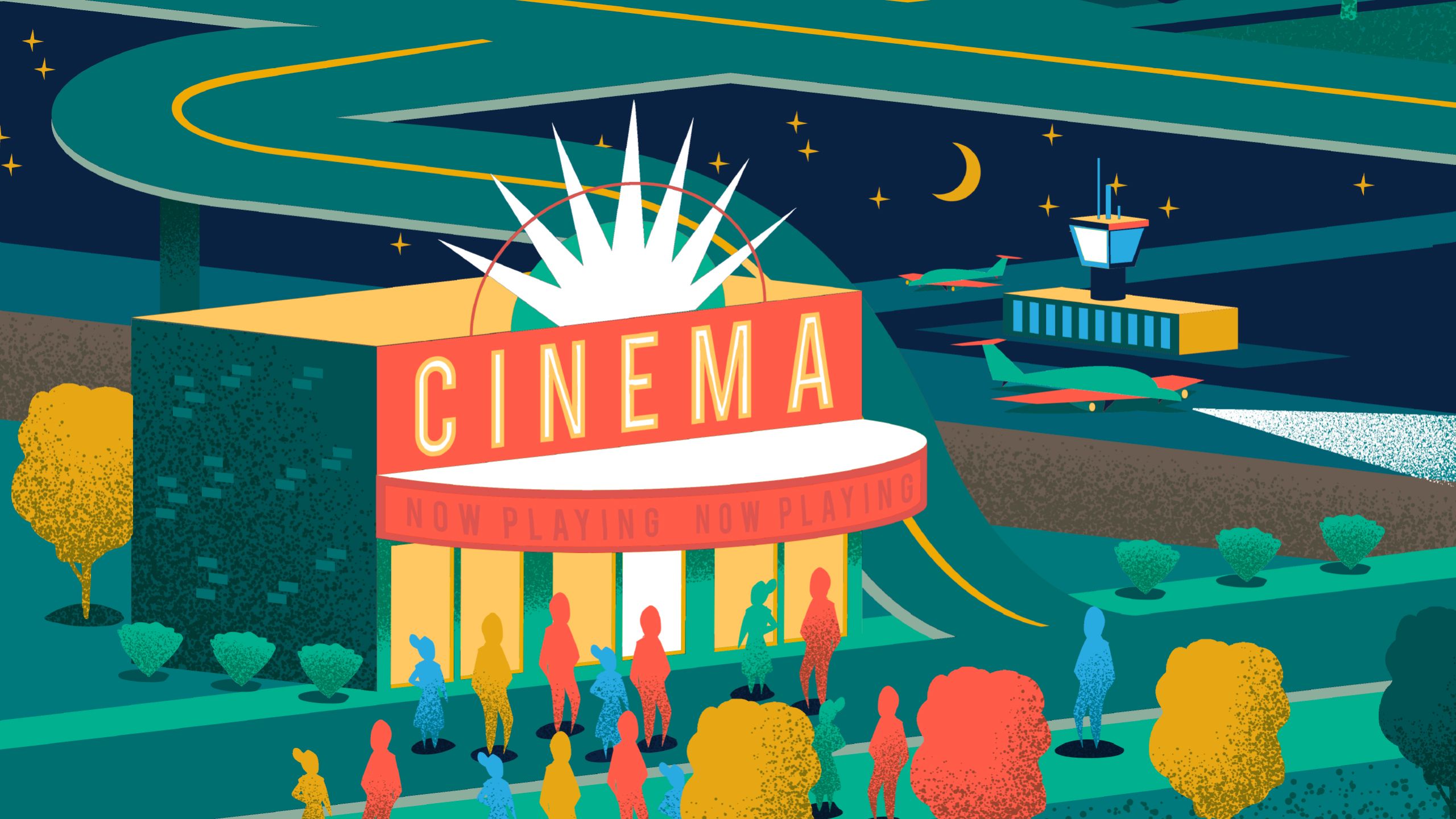 illustration moves to night time scene outside a cinema