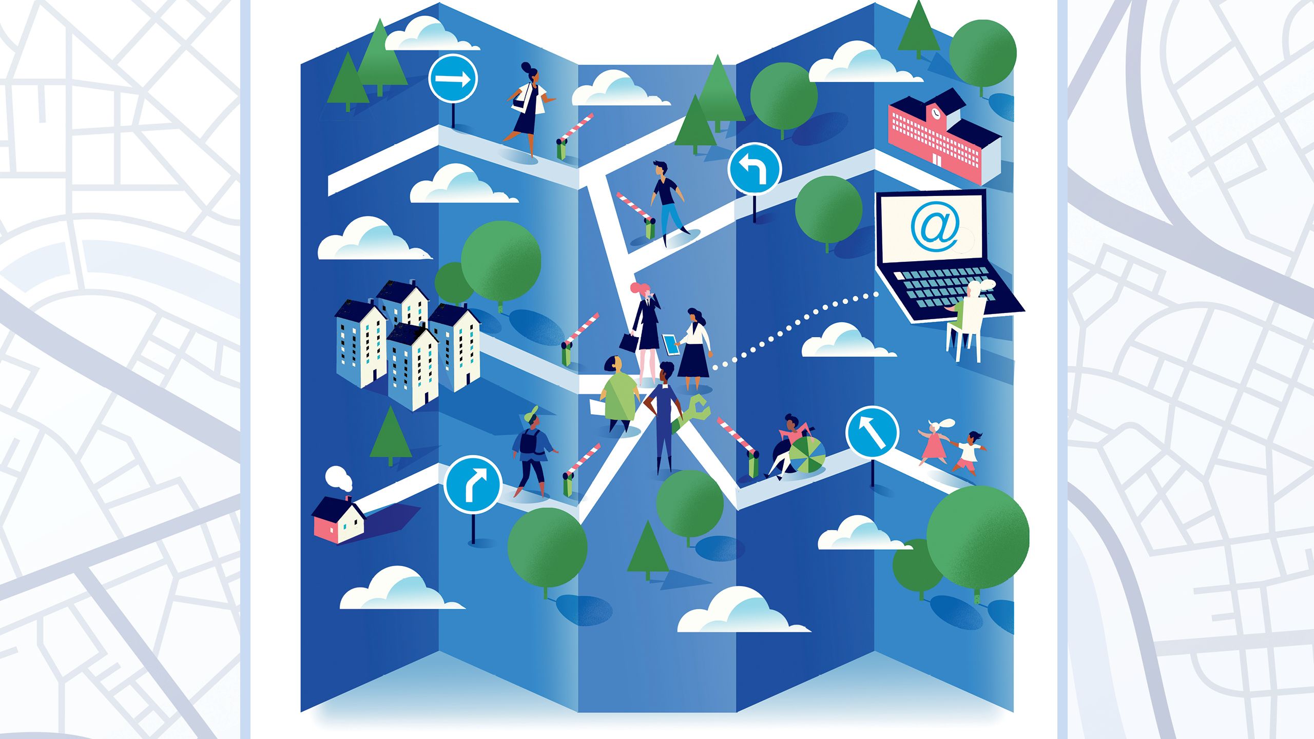 an illustration by Pietari Posti. The illustration shows a map with people at various points on the map thinking and doing innovative ideas.
