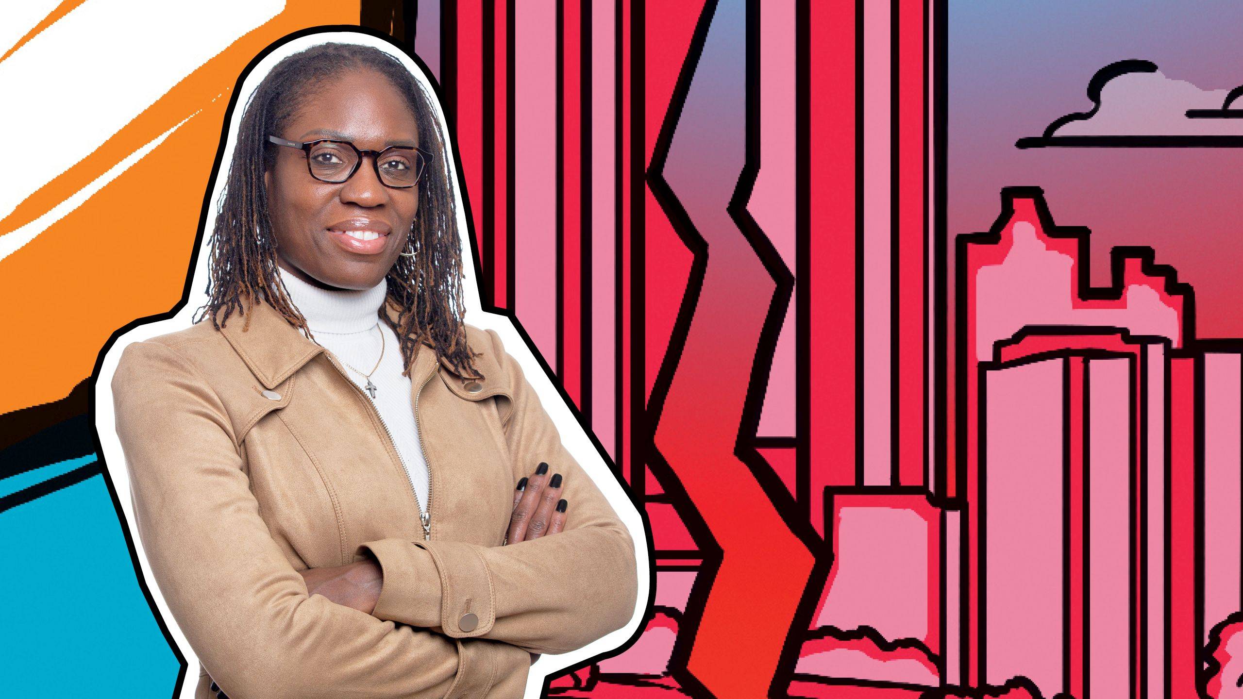 a photo illustration of Kim Arriola standing in front of a colorful, abstract mural.