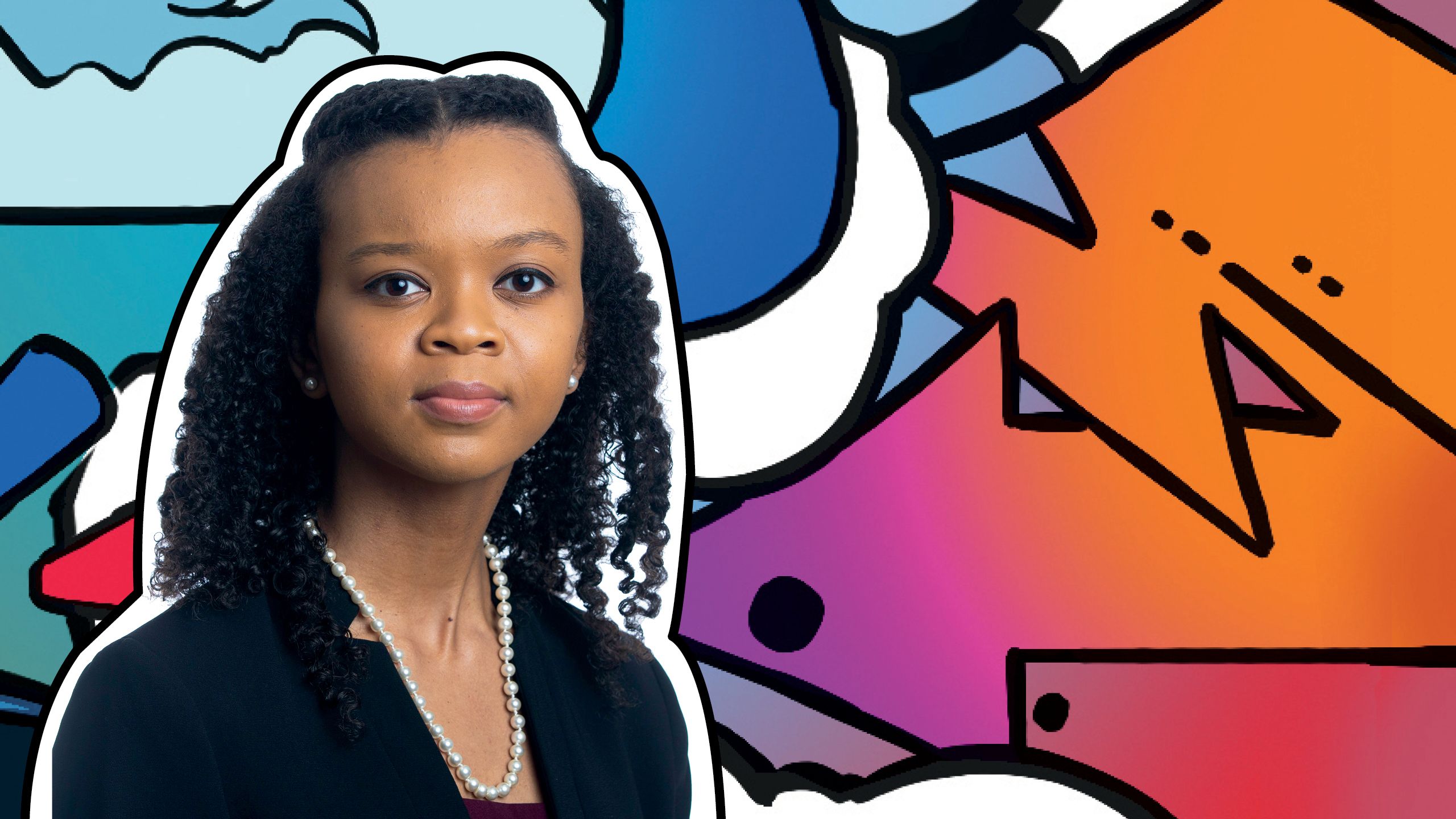 a portrait of Saundra Latimer. The background image is of abstract graffiti style mural.