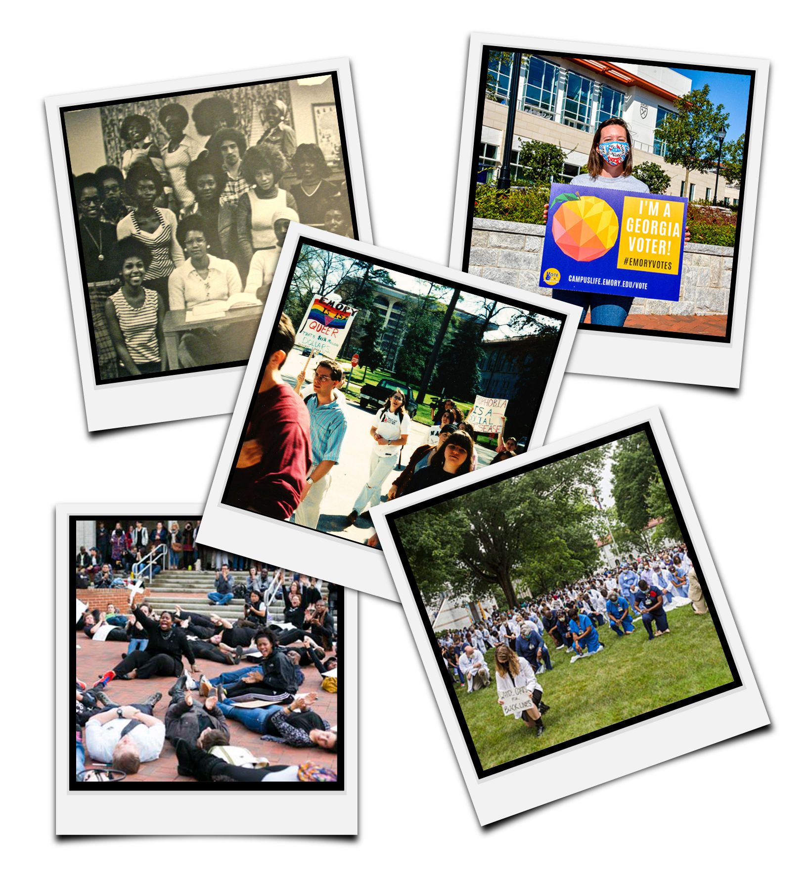 Polaroid-style photos of students protesting