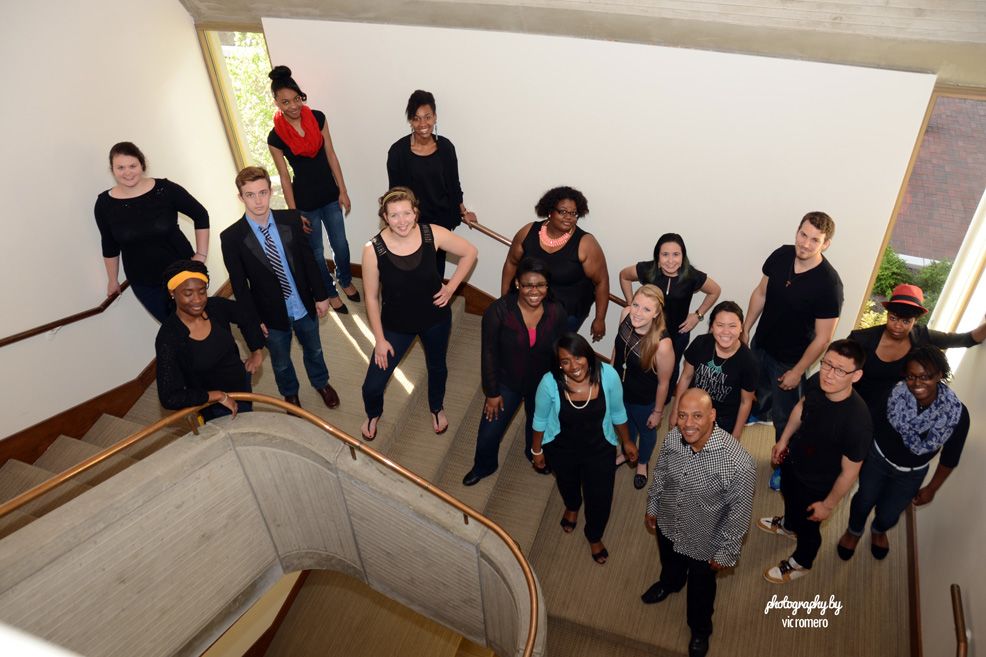 VOIS members pose in the stairwell in Cannon Chapel