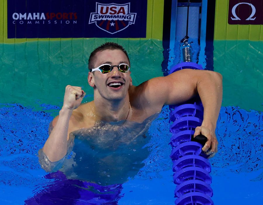 Andrew Wilson celebrates finishing in second place in 100-meter breaststroke at the 2021 U.S. Olympic Trials, securing his spot to represent Team USA in Tokyo.