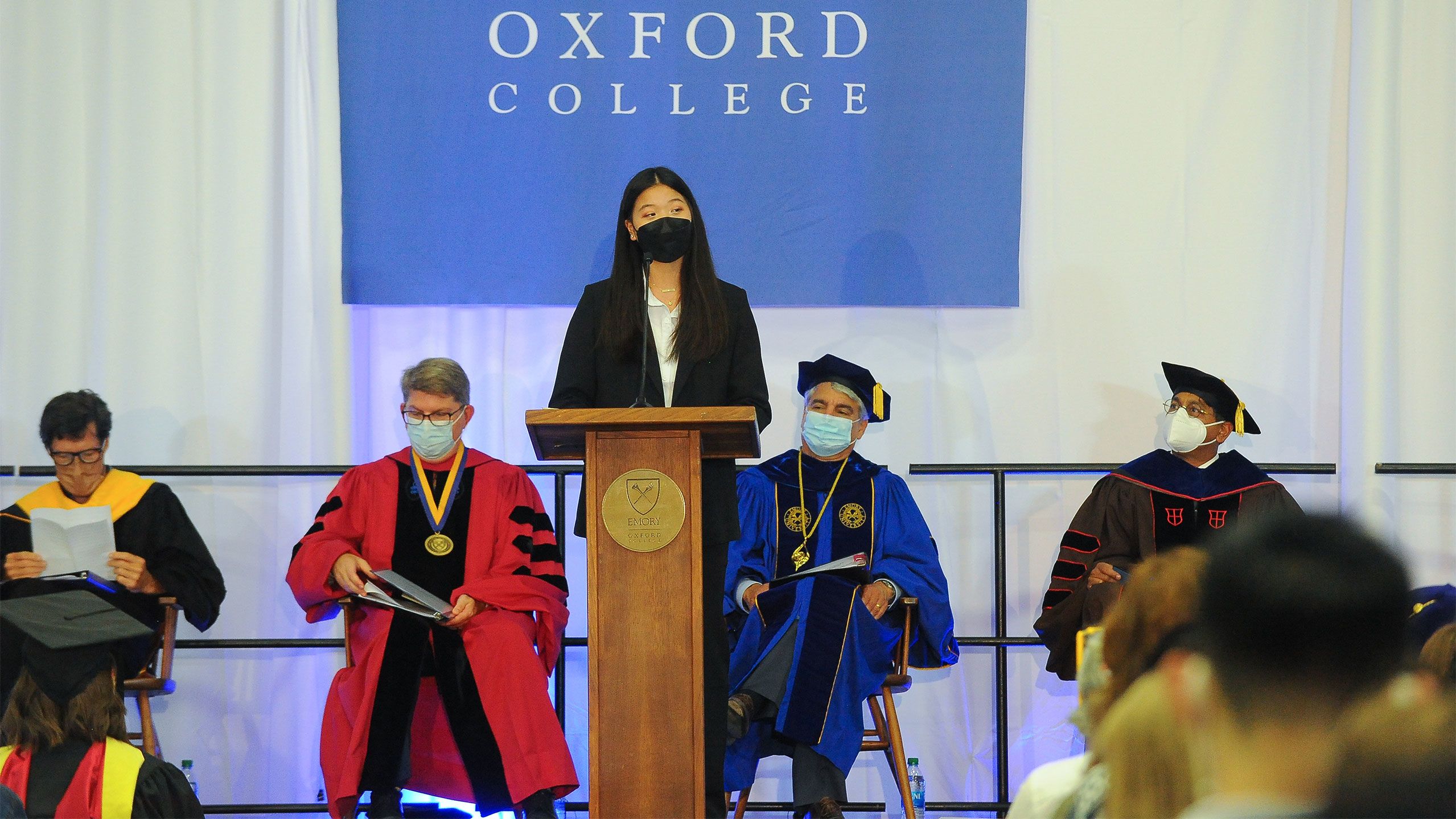 Roxanne Chou, Oxford College Student Government Association president, at the podium