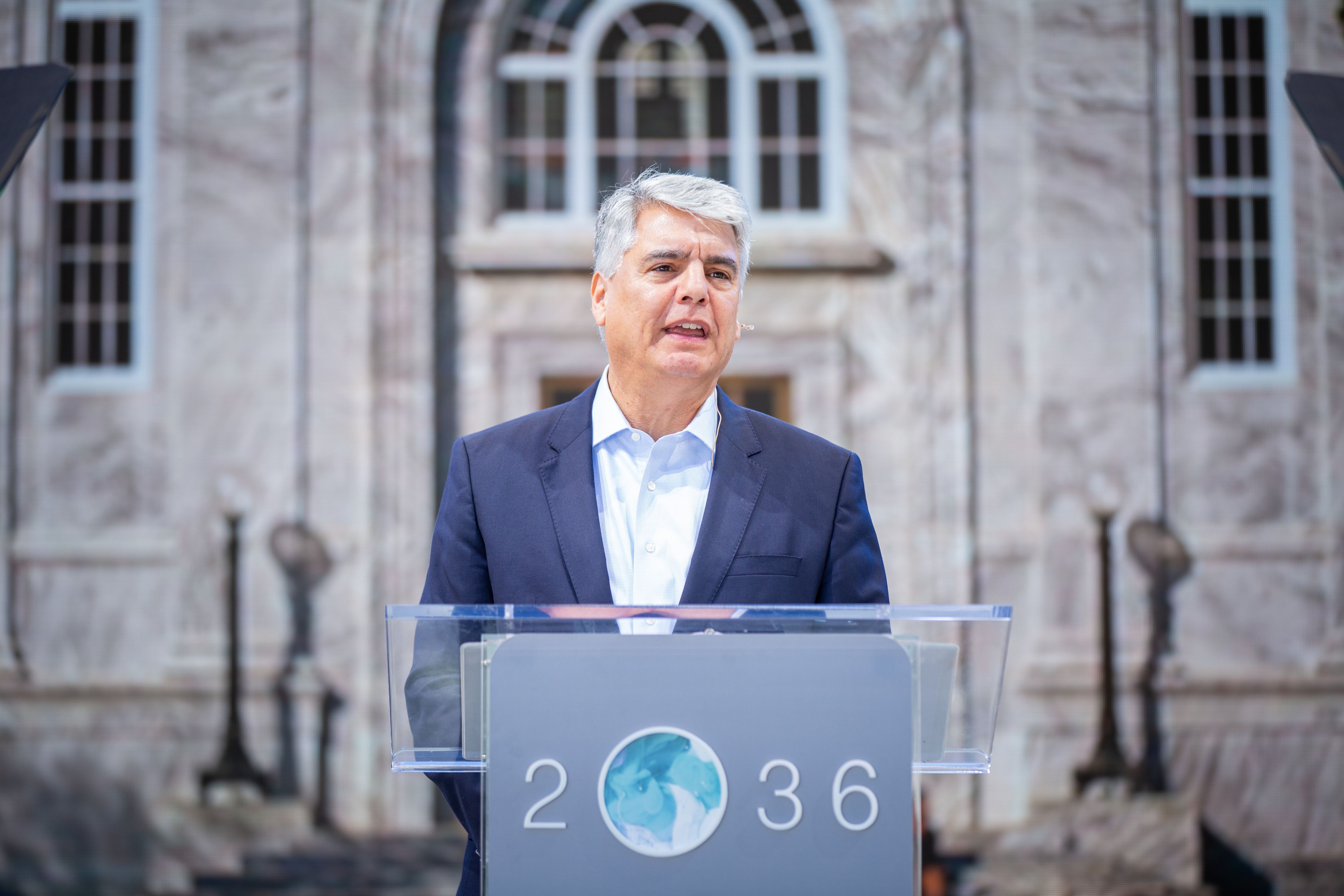 Emory President Gregory L. Fenves speaks at the 2O36 podium