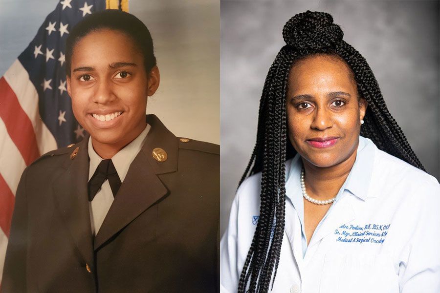Two portraits of Deatra Perkins: In military uniform and today