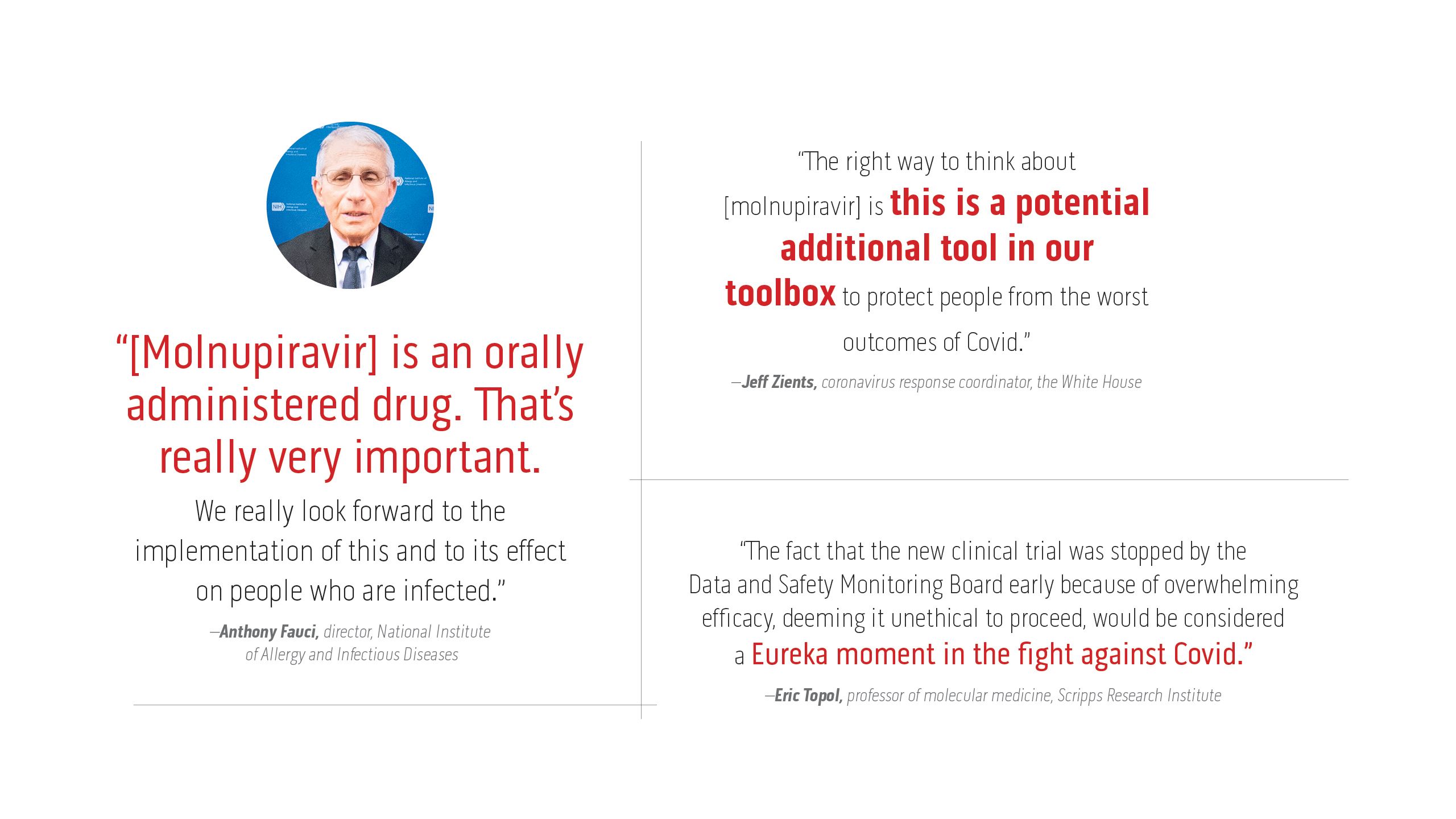 “The fact that the new clinical trial was stopped by the  Data and Safety Monitoring Board early because of overwhelming  efficacy, deeming it unethical to proceed, would be considered  a Eureka moment in the fight against Covid.”  –Eric Topol, professor of molecular medicine, Scripps Research Institute