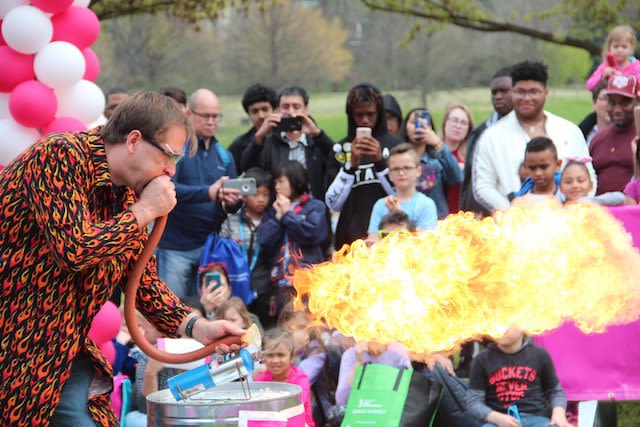 Emory chemist Doug Mulford blows a fireball.