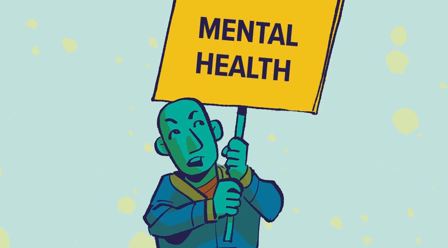 Illustration of a male holding a sign that reads mental health.