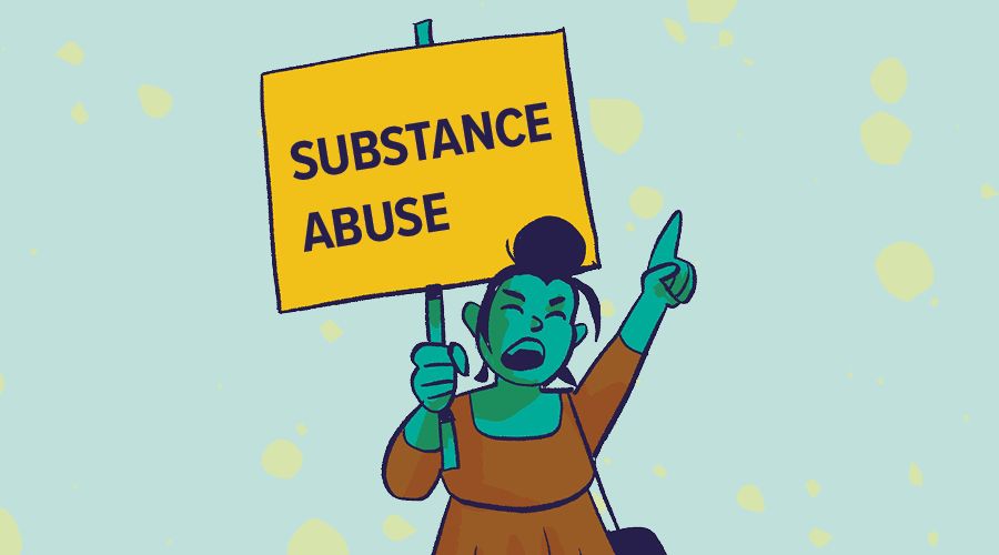 An illustration of a women holding a sign that reads substance abuse.