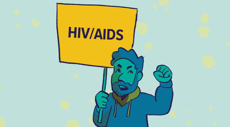 An illustration of a male holding a sign that reads HIV/AIDS.