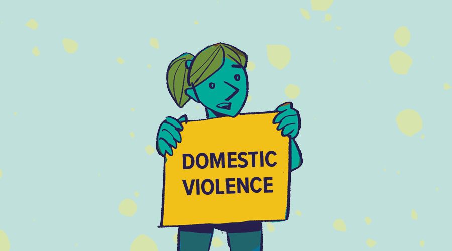 An illustration of a women holding a sign that reads domestic violence.