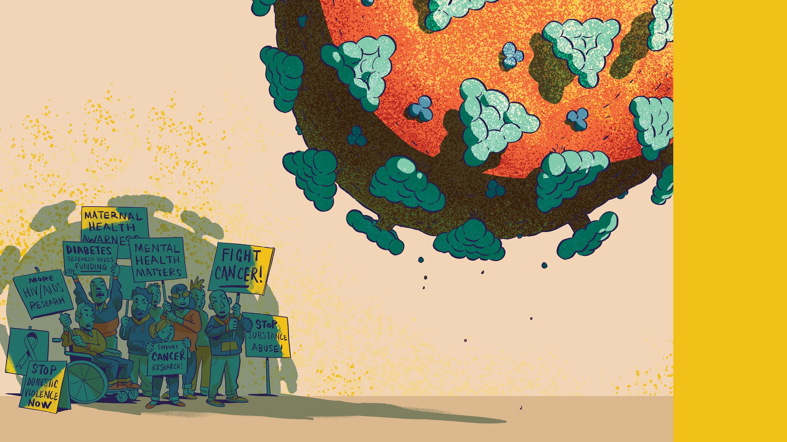 illustration of a group of protestors holding signs in front of a covid virus.
