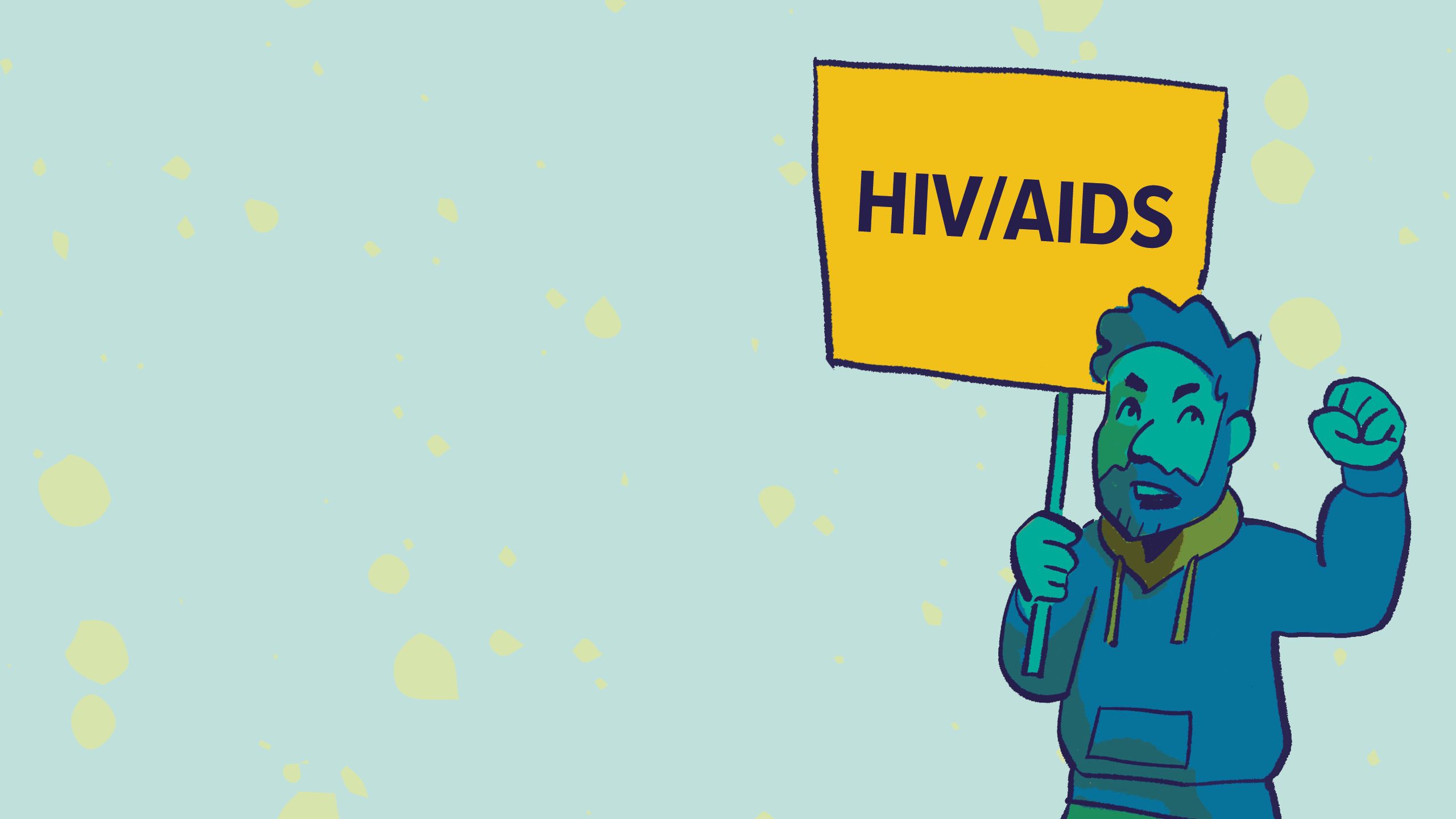 An illustration of a male holding a sign that reads HIV/AIDS.