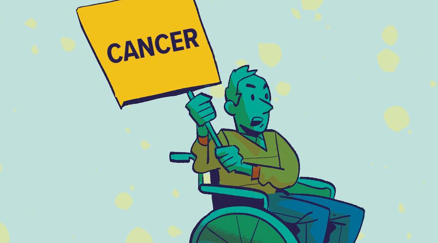 An illustration of a male in a wheel chair holding a sign that reads cancer.