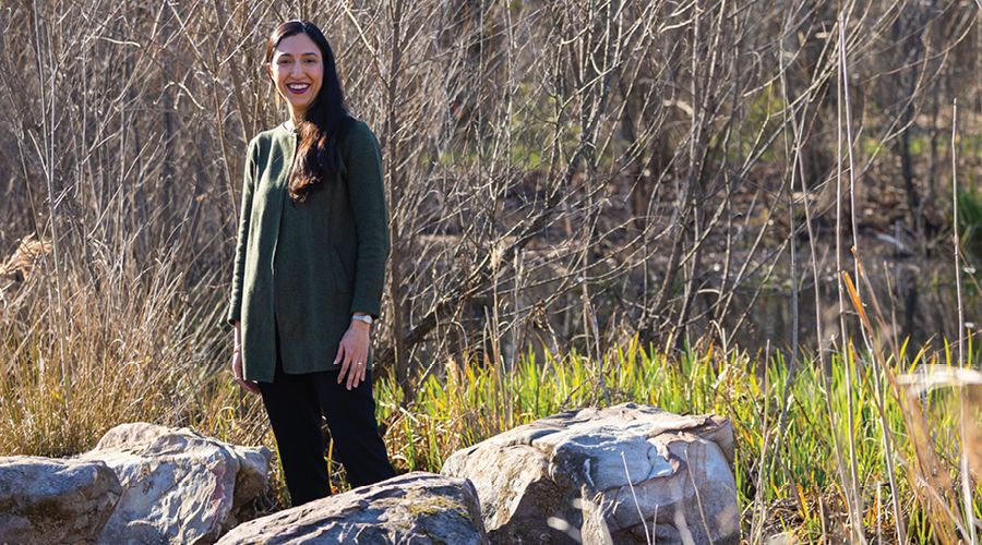 A woman with long dark hair and a dark green tunic stand among large rocks and tall grass.