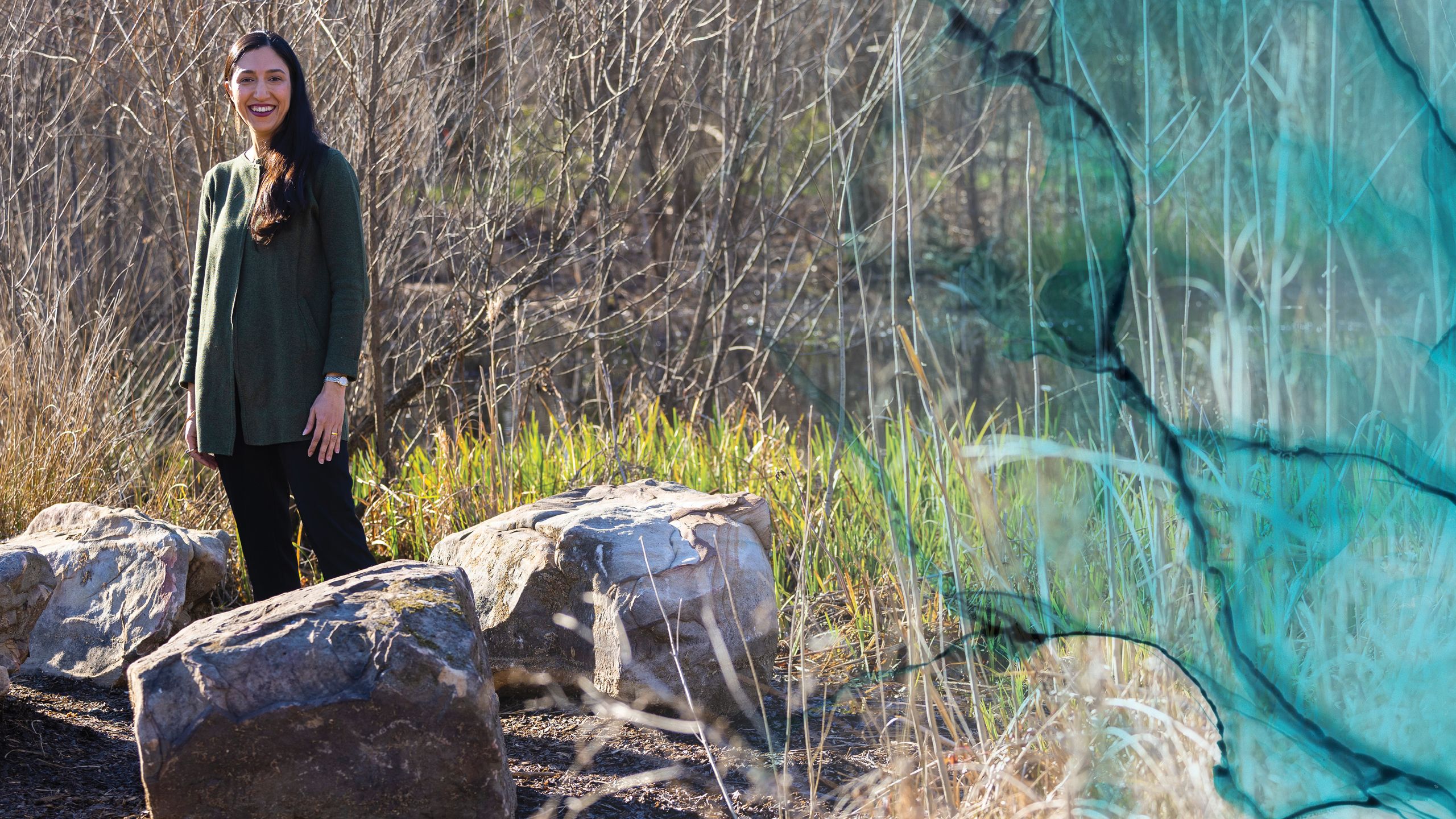 A woman with long dark hair and a dark green tunic stand among large rocks and tall grass.