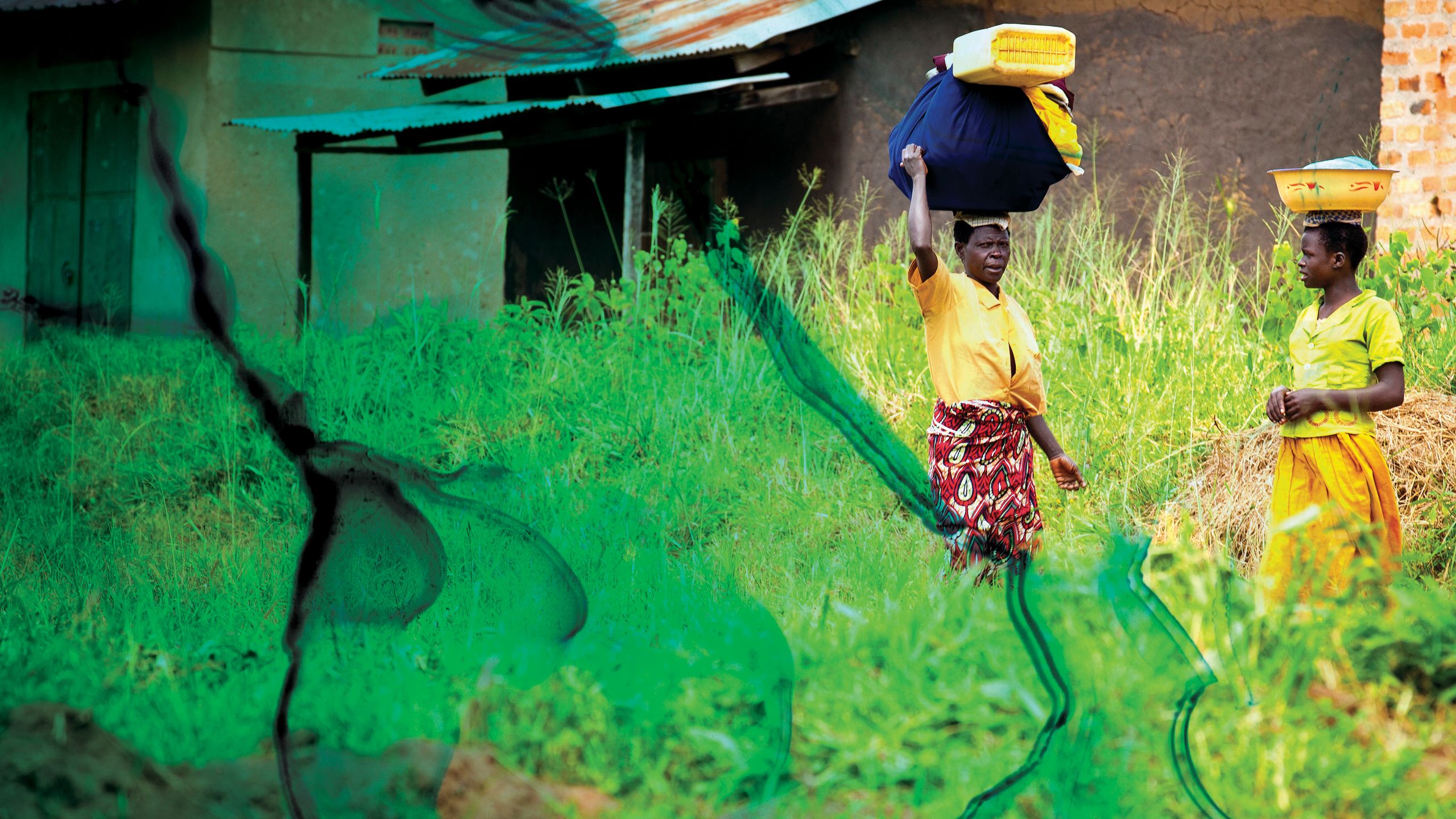 A MOTHER AND DAUGHTER CARRYING BUCKETS OF WATER.