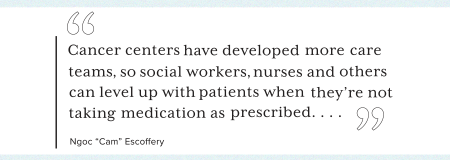Quote of NgocNgoc "Cam" Escoffery, PhD, MPH, says cancer centers have developed more care teams so social workers, nurses and others can 'level up' with patients who aren't taking their medication as prescribed. "Cam" Escoffery, PhD, MPH