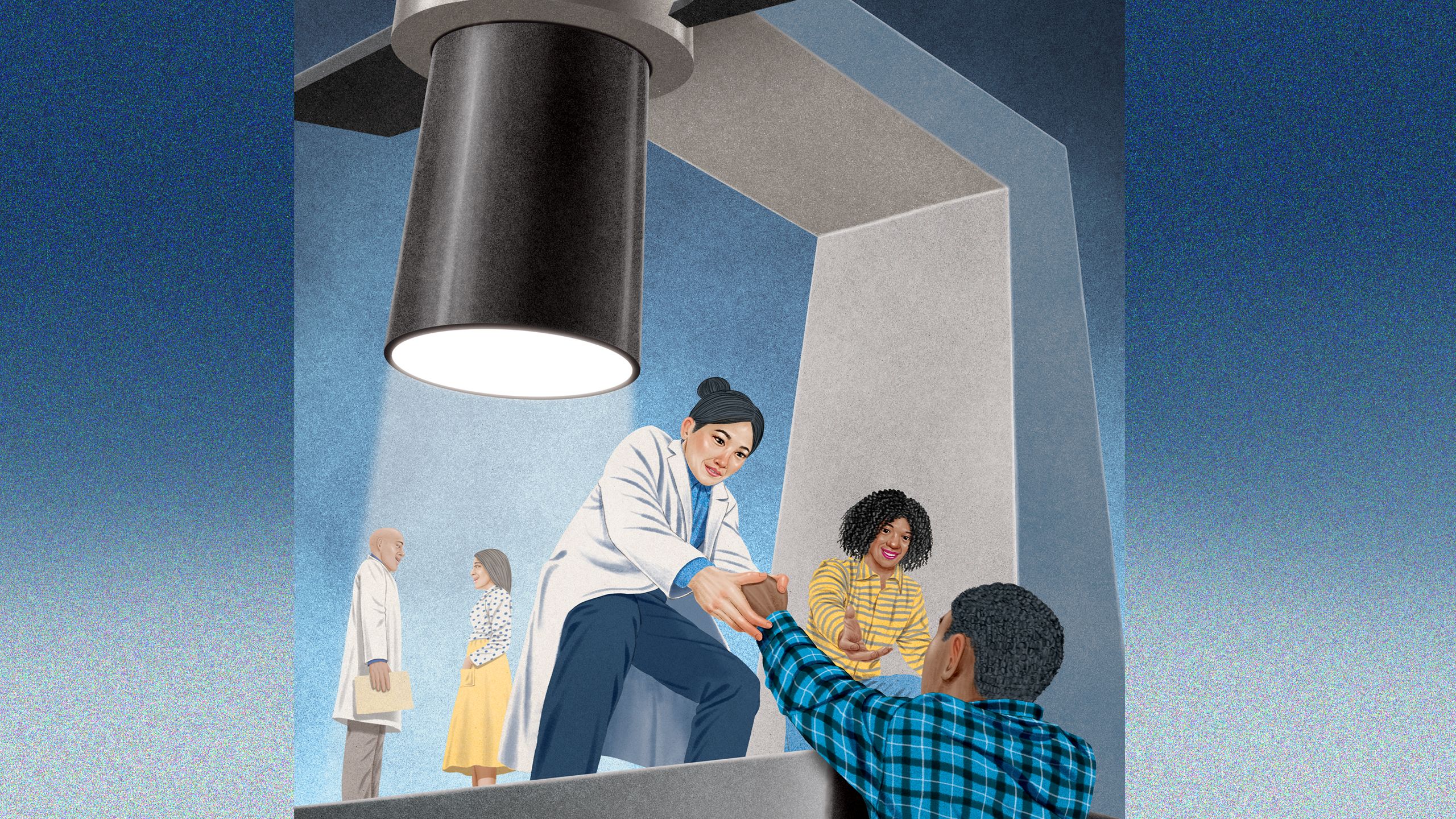 Illustration of Doctors offer a helping hand to lift a man onto the research microscope platform, symbolizing the welcome at Winship Cancer Institute to Black people who wish to participate in cancer clinical trials.