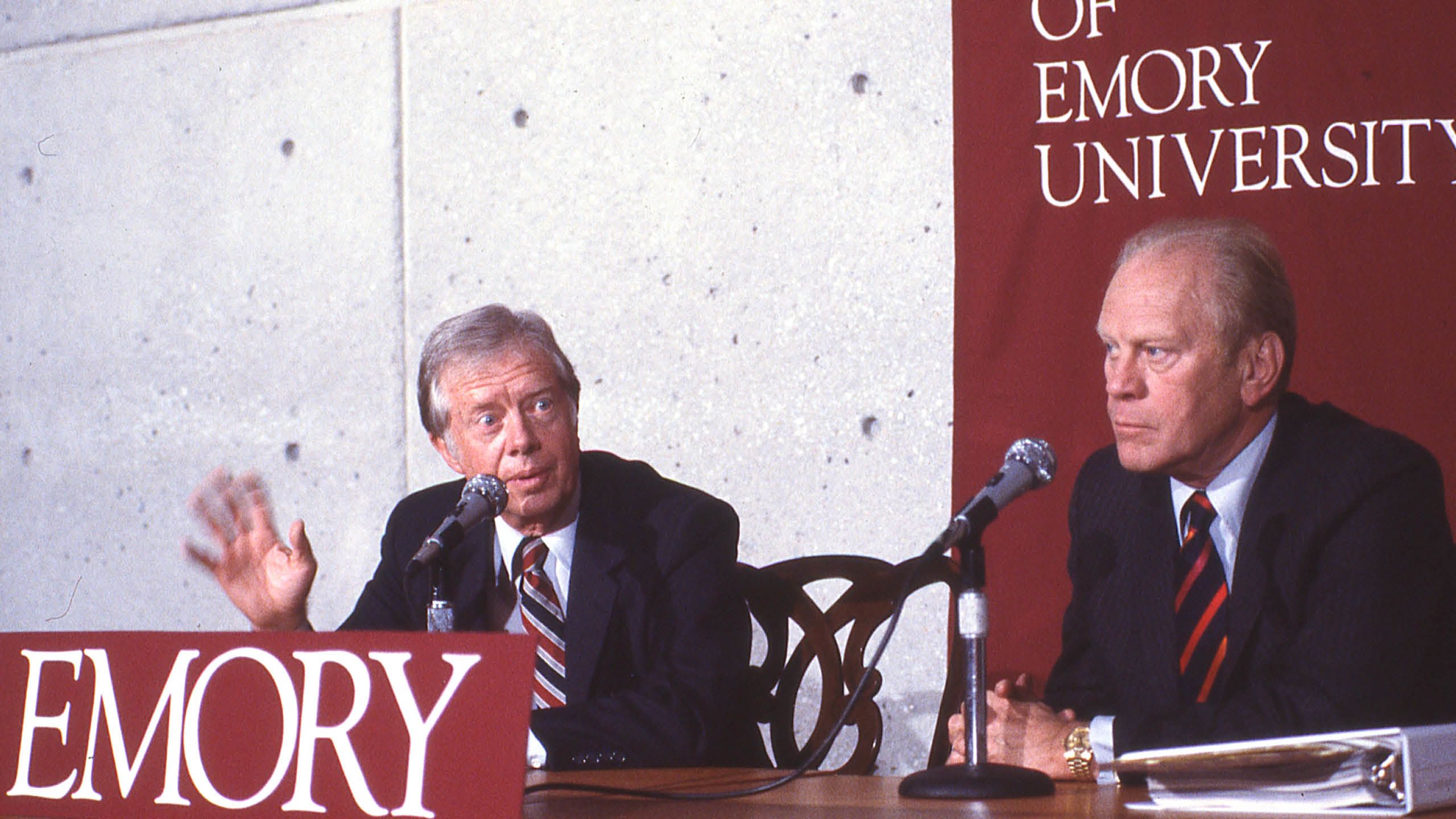 Presidents Carter and Gerald Ford speaking together at a Carter Center event